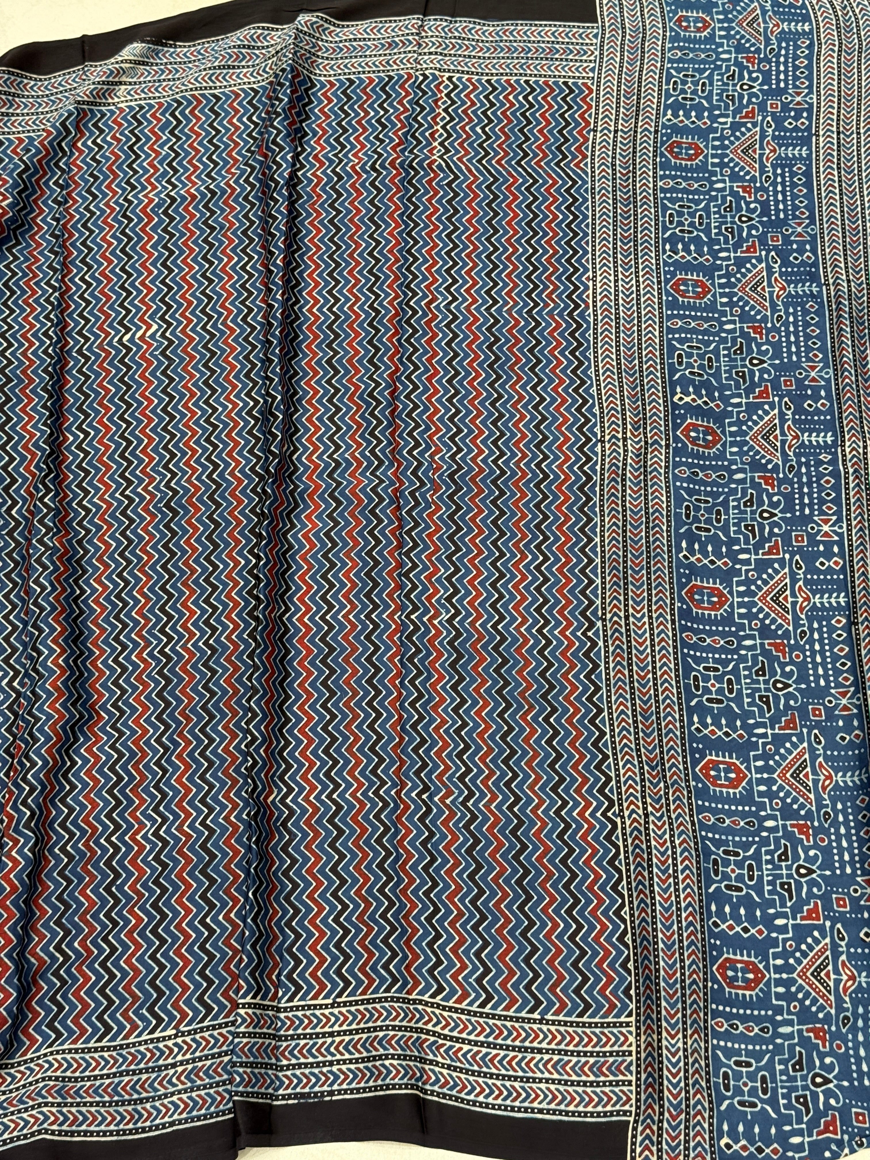 Blue Zig Zag Ajrakh Modal Gajji Silk Saree