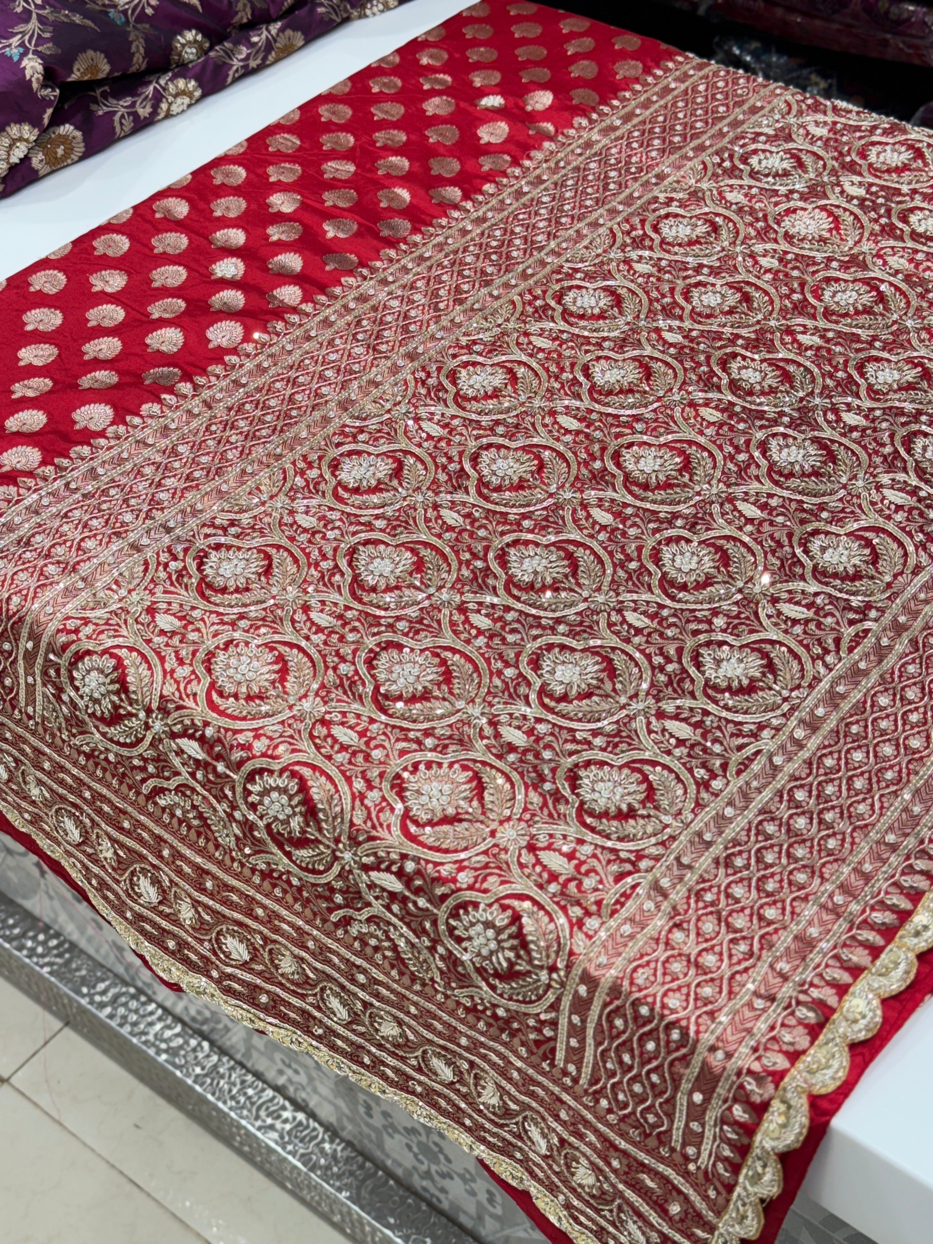 Red Buttis Handloom Banarasi Pure Katan Zardosi Embroidery Saree