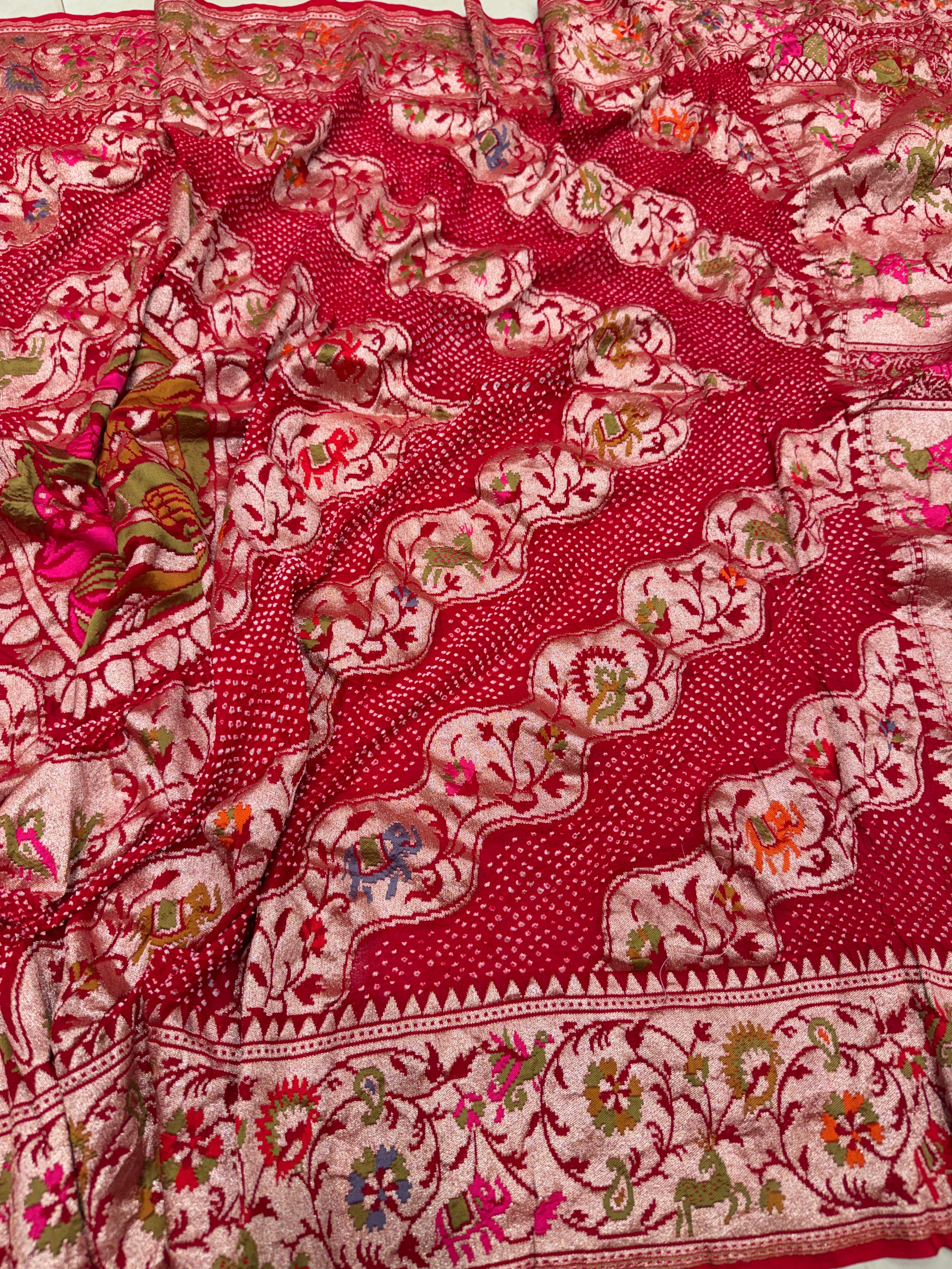 Red Leheriya Style Handloom Meenakari Rai Bandhej Pure Zari Dupatta