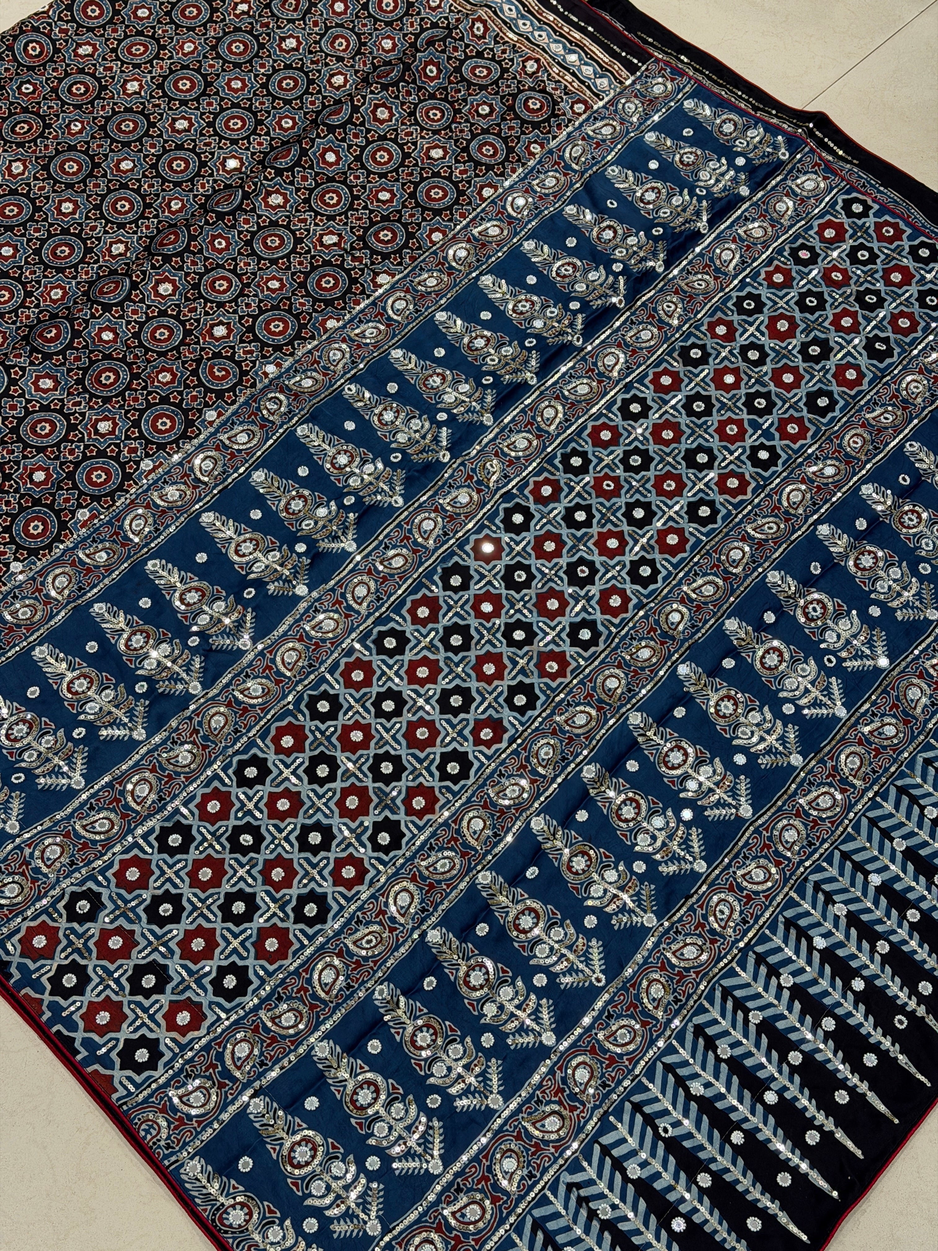 Black Ajrakh Jaal Moti Sequin Ajrakh Hand Embroidery Saree