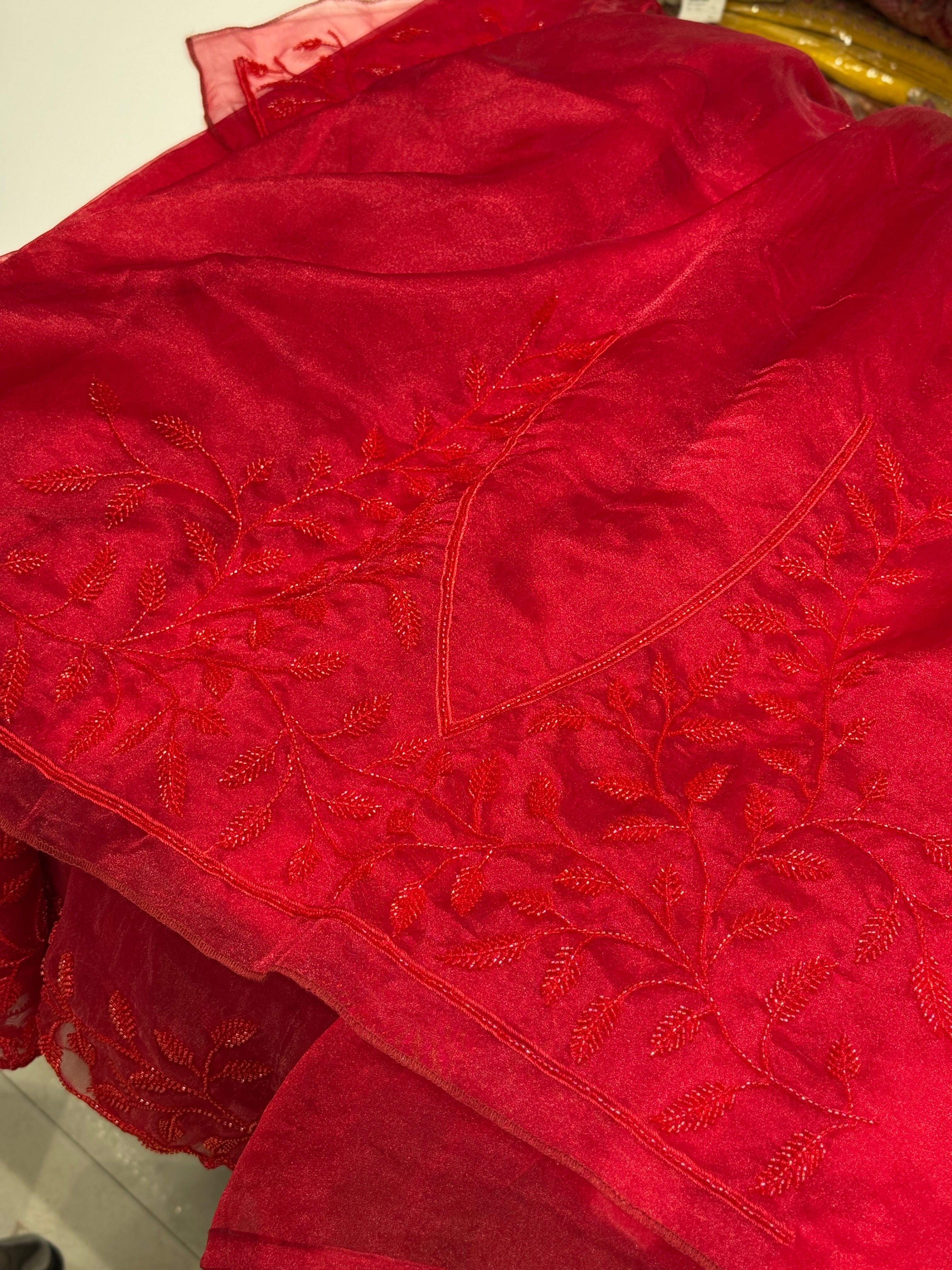 Red On Red Tissue Organza Self Work Saree