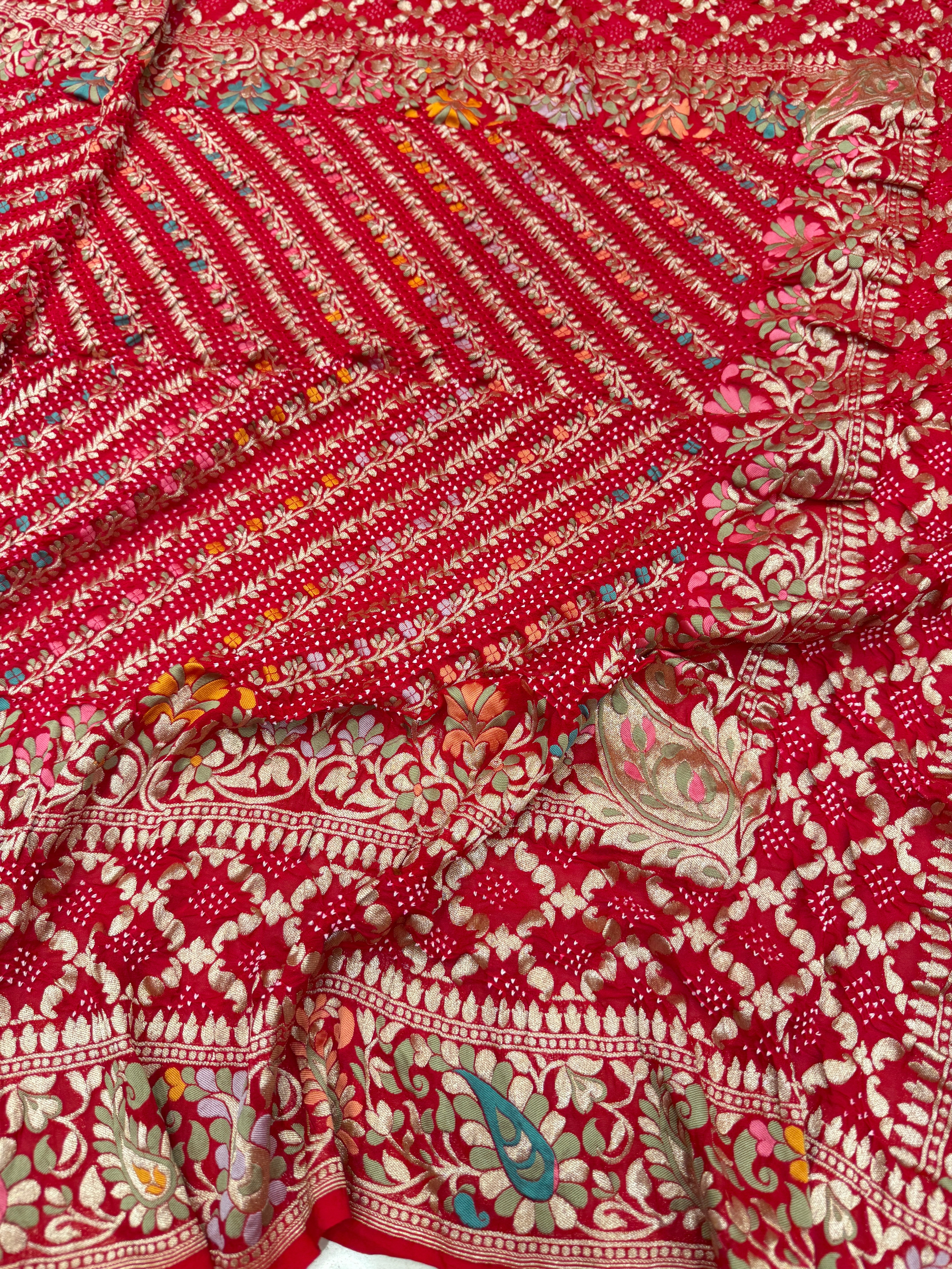 Red Jaal Double Border Handloom Meenakari Rai Bandhej Pure Zari Dupatta