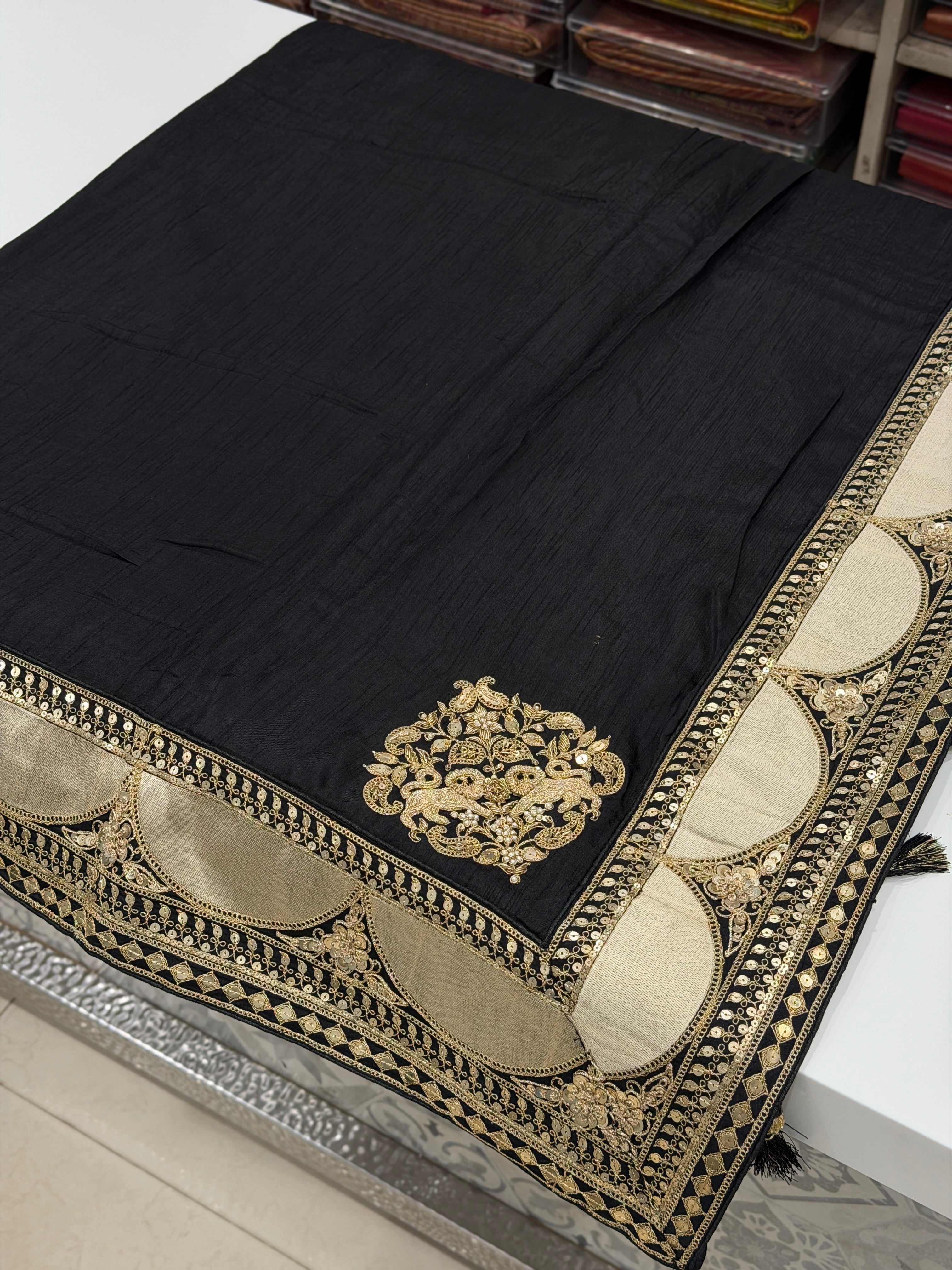 Black Sabyasachi Inspired Marodi Embroidery Zardosi Saree
