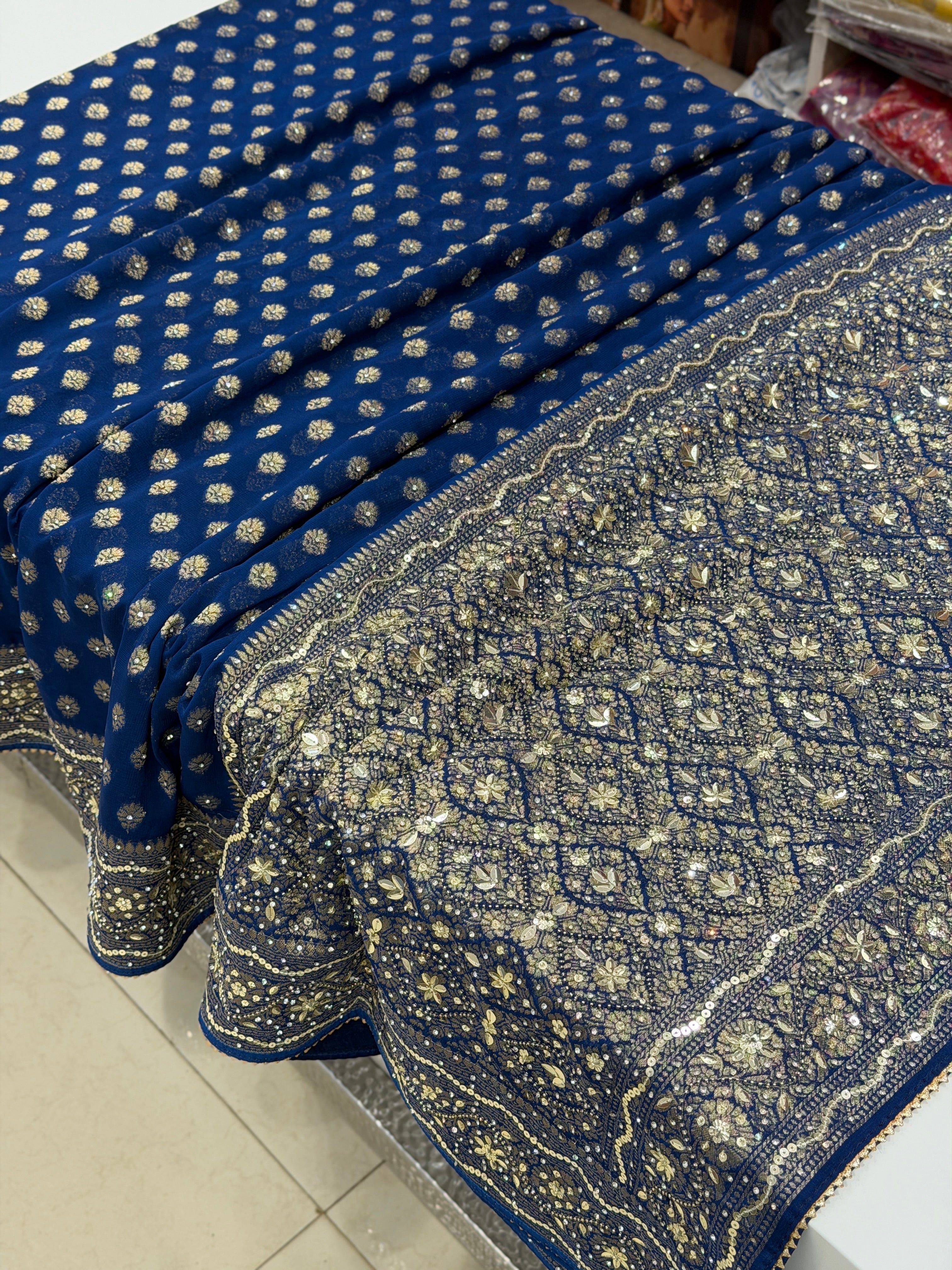 Blue Banarasi Khaddi Georgette Butti Hand Embroidery Sequin Stone Saree