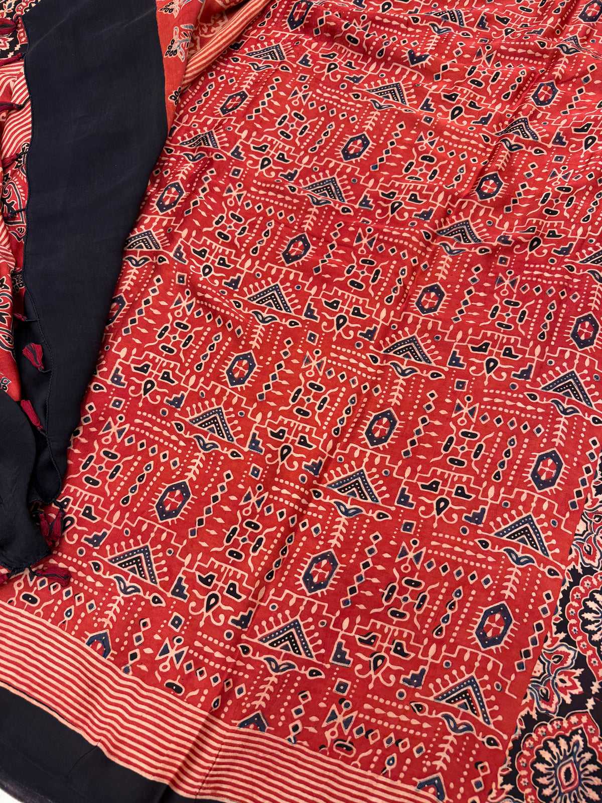 Red Badam Butta Jaal Ajrakh Hand Block Print Pure Gajji Silk Saree