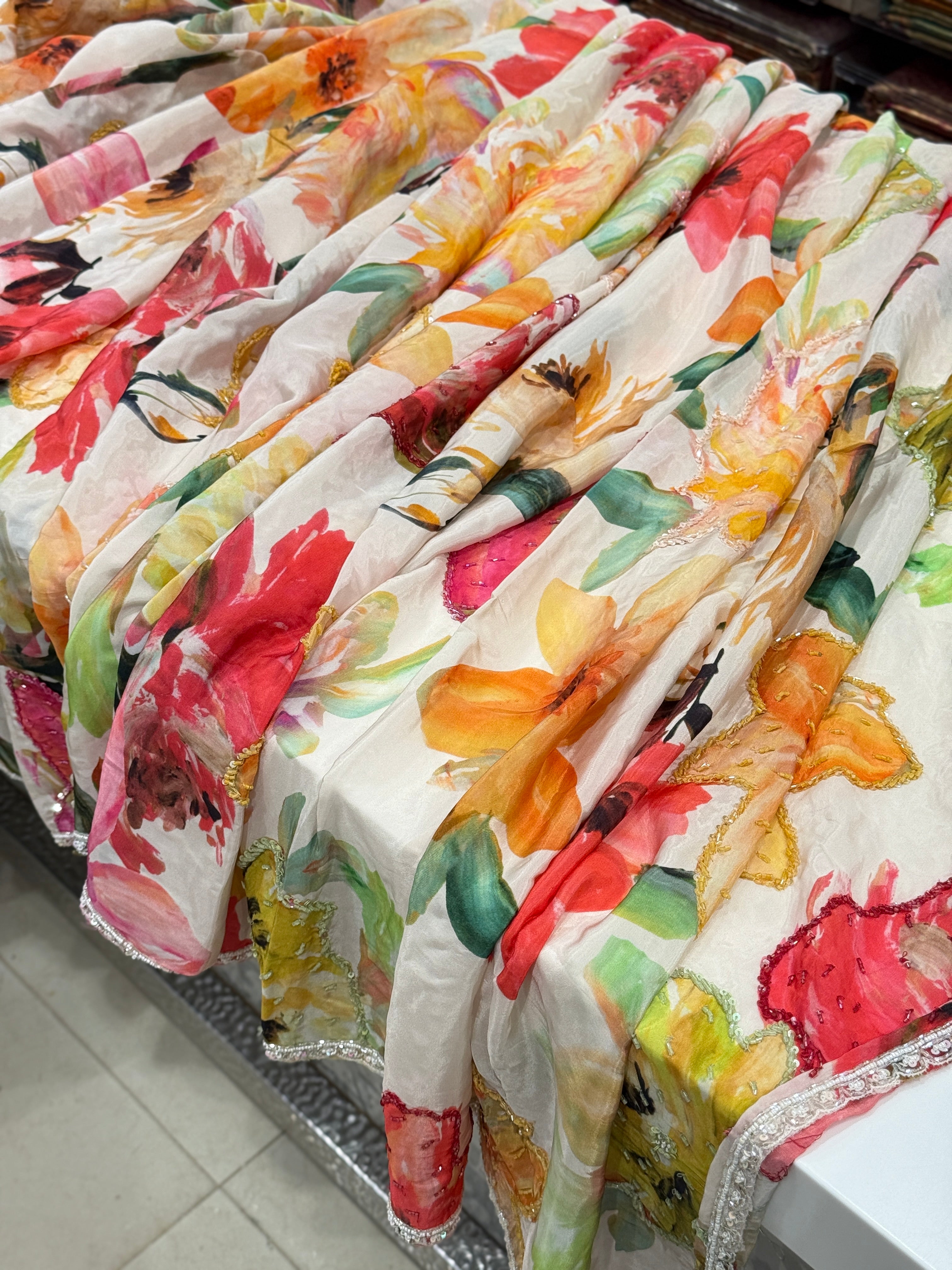 Multi Colour Print Muslin Hand Embroidery Saree