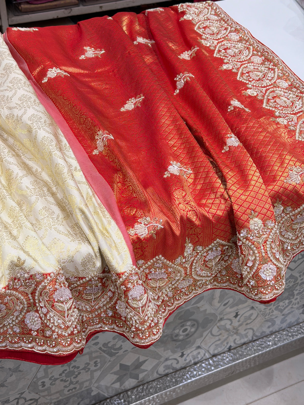 White Red Pure Silk Kanjivaram Moti Zardosi Hand Embroidery Saree