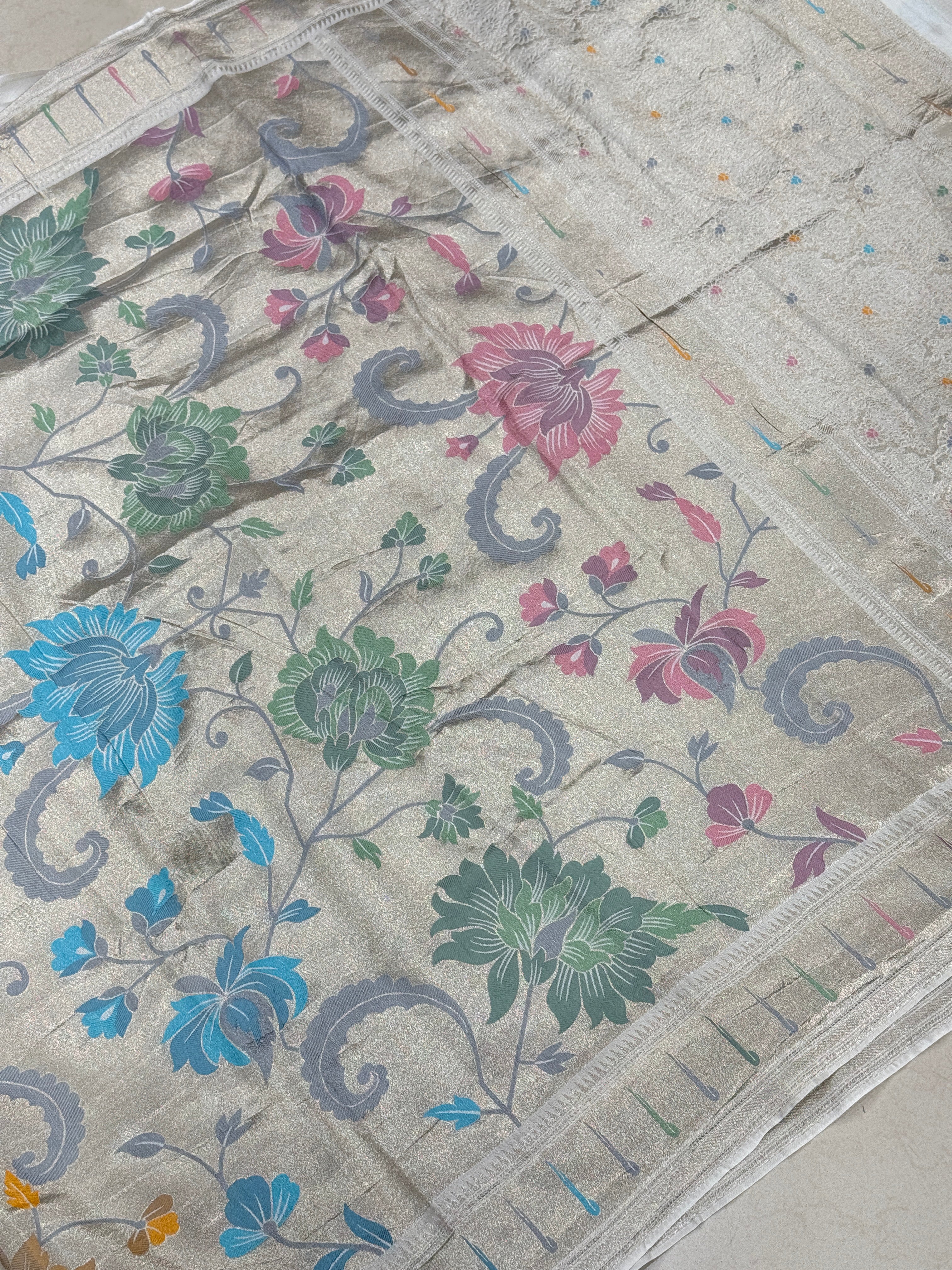 Silver Meenakari Muniya Tissue Munga Banarasi Paithani Saree