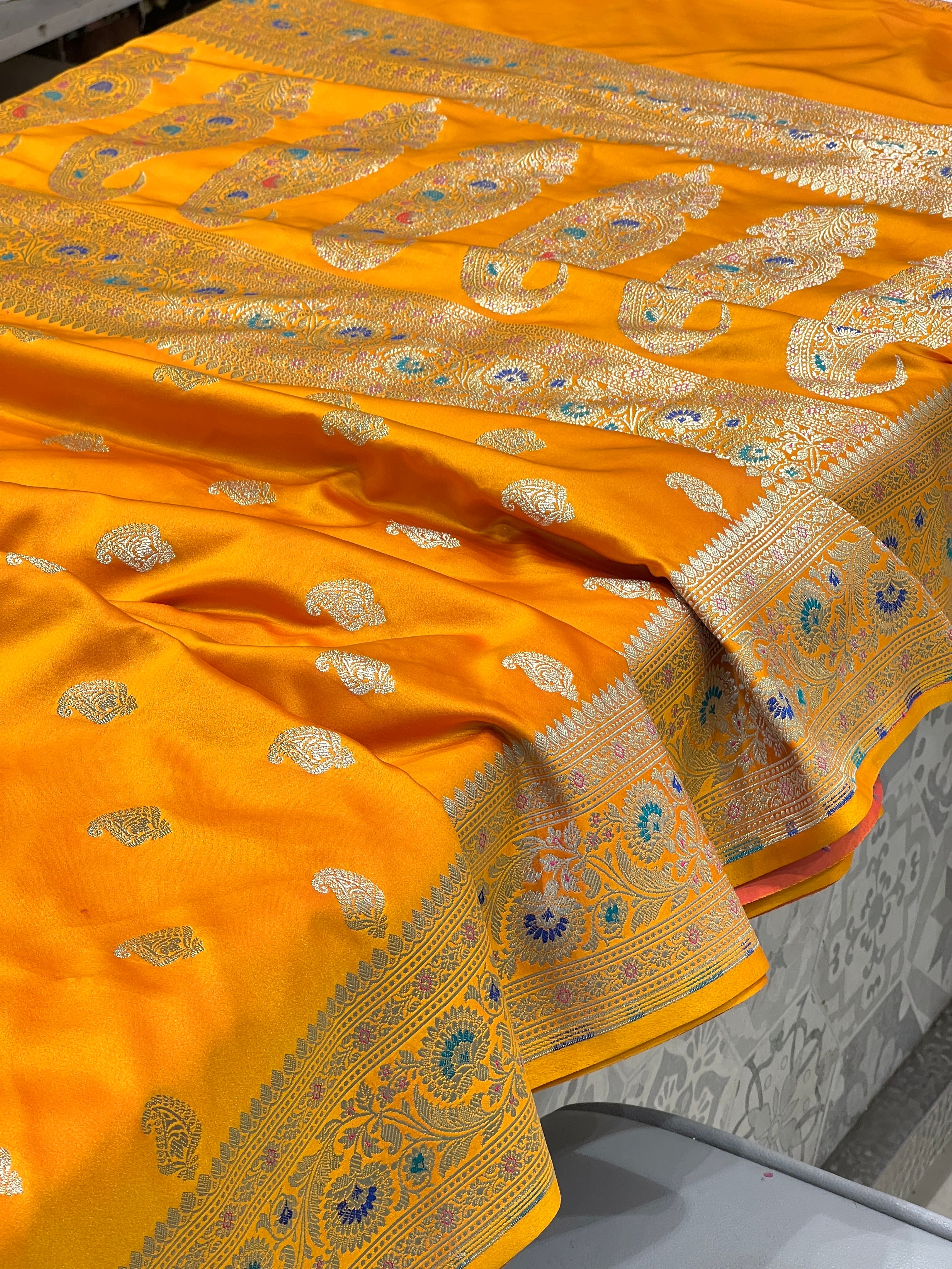 Mango Yellow Banarasi Meenakari Saree