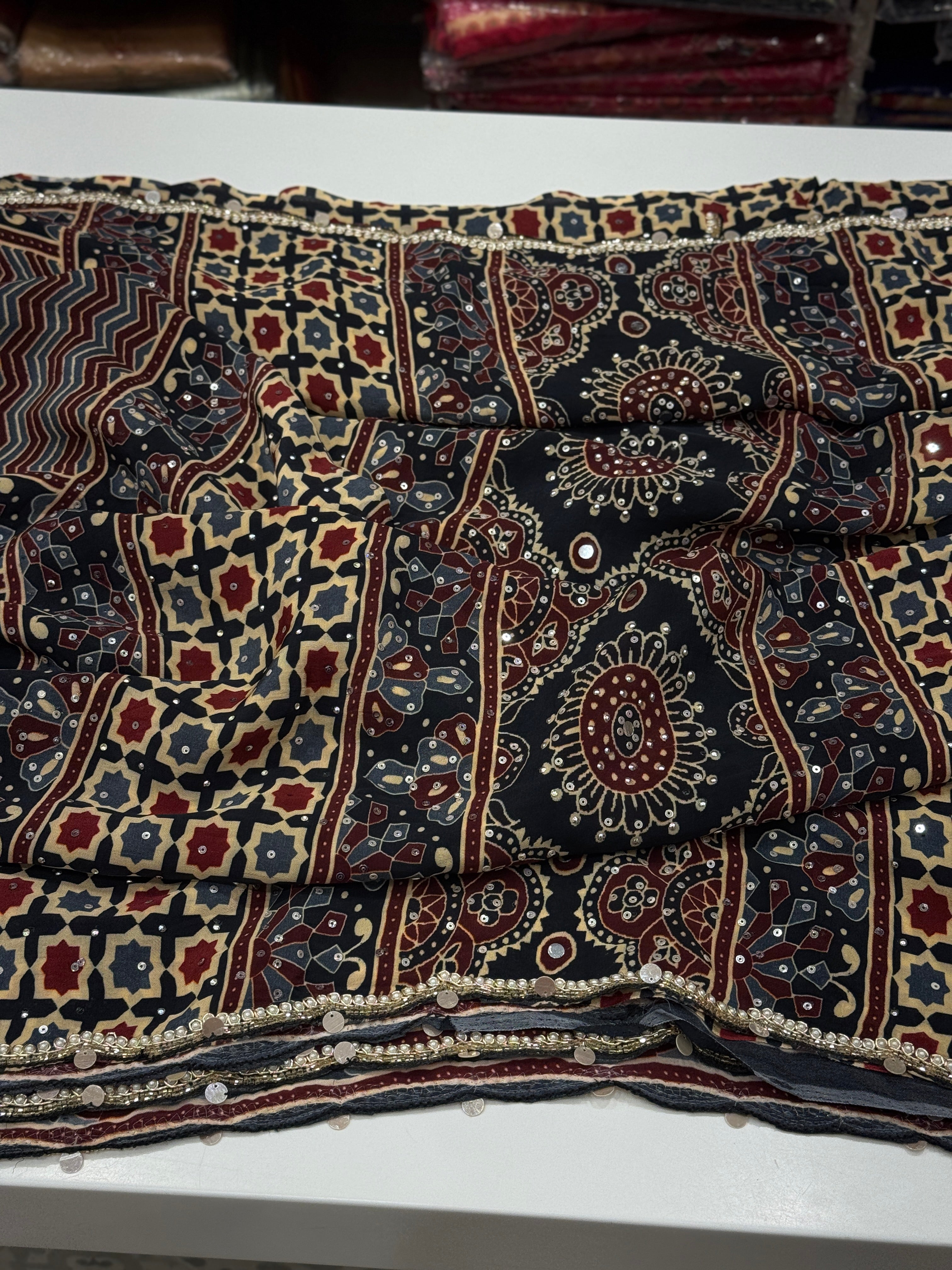 Ajrakh Satin Digital Print Hand Embroidery Saree