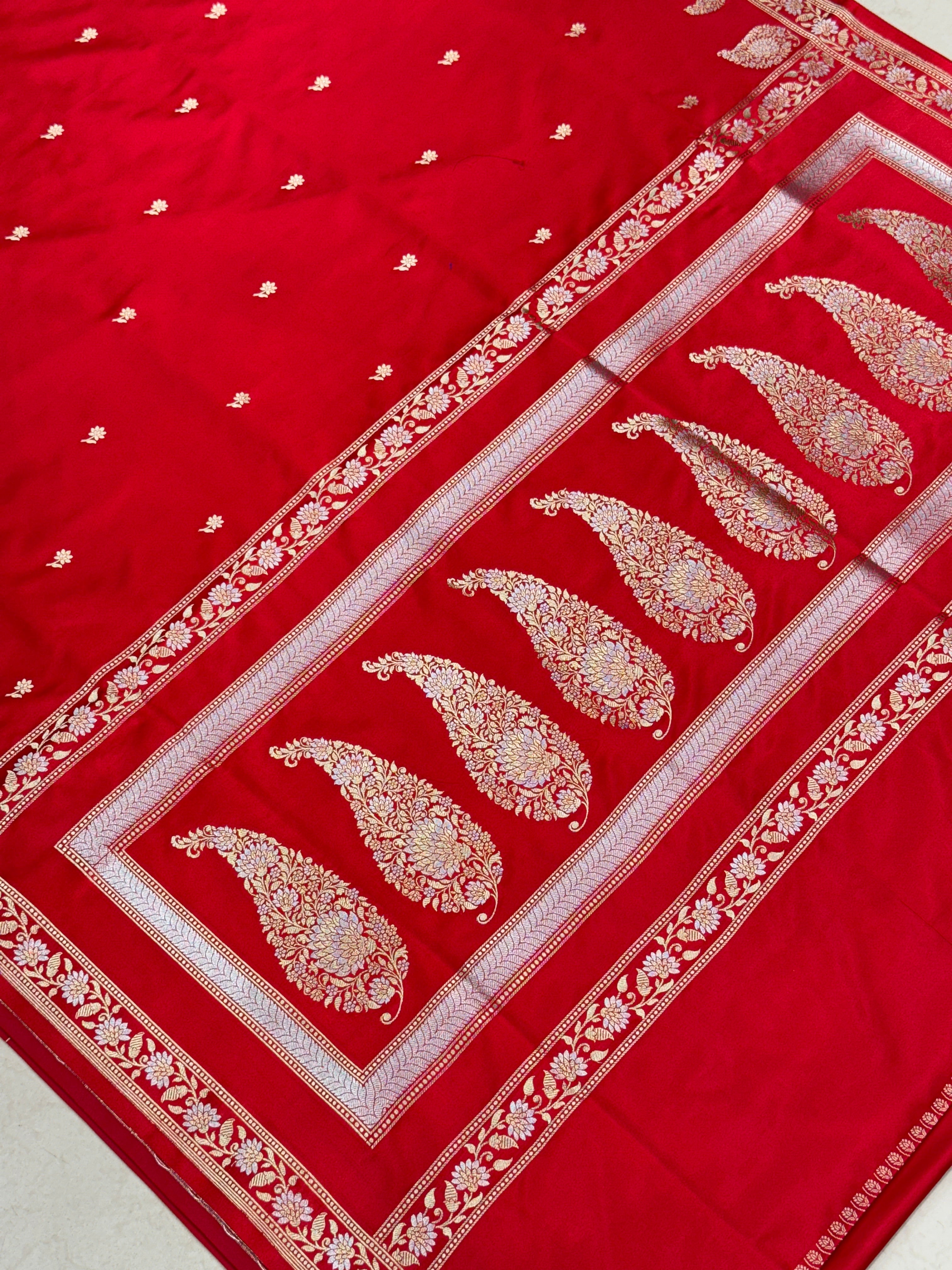 Red Sona Roopa Sunflower Butti Banarasi Silk Saree