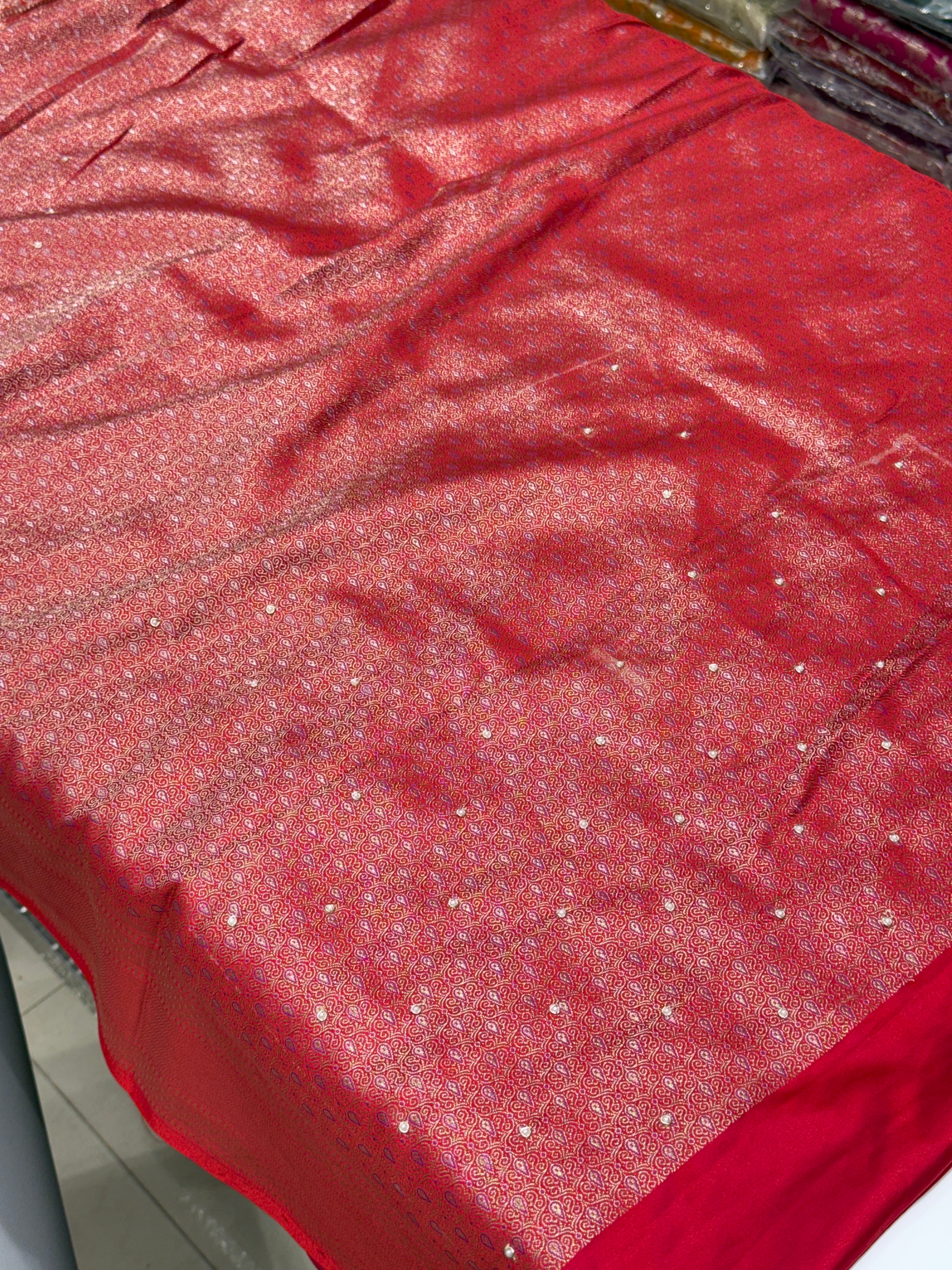 Red Banarasi Silk Heart Border Fancy Hand Embroidery Saree