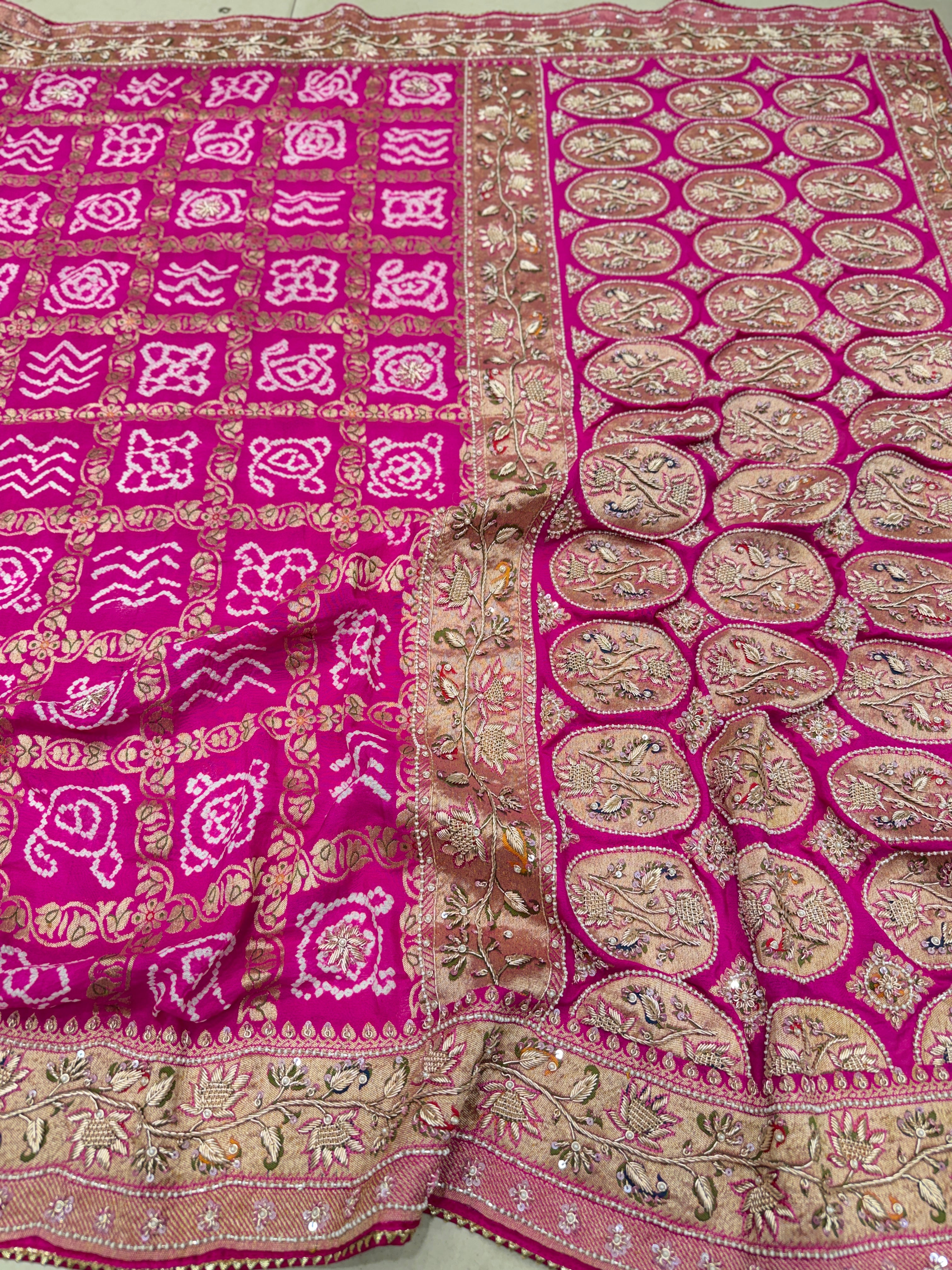 Rani Pink Gharchola Rai Bandhej Zardosi Hand Embroidery Saree