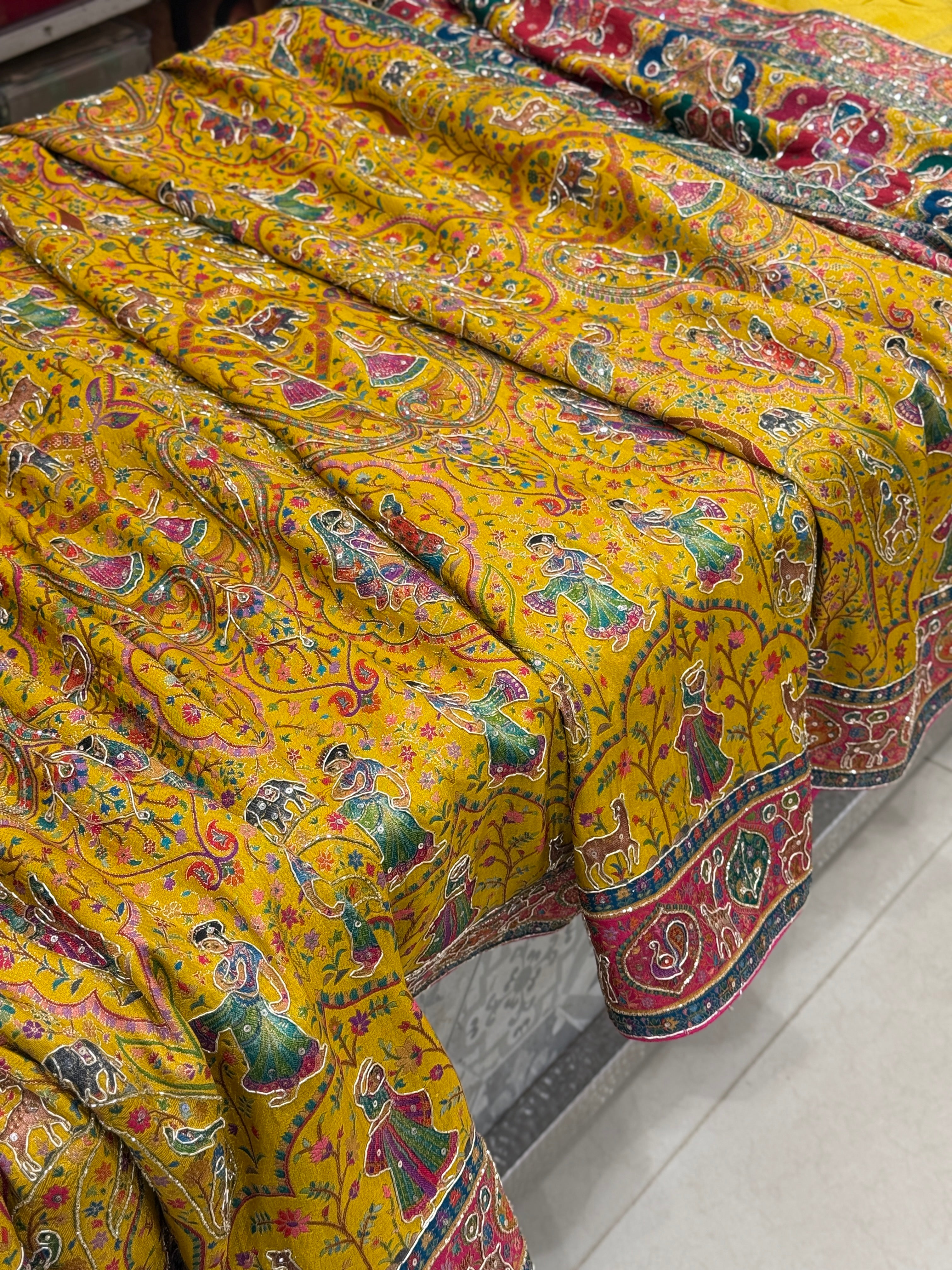 Yellow Pashmina Baluchari Style Hand Embroidery Saree