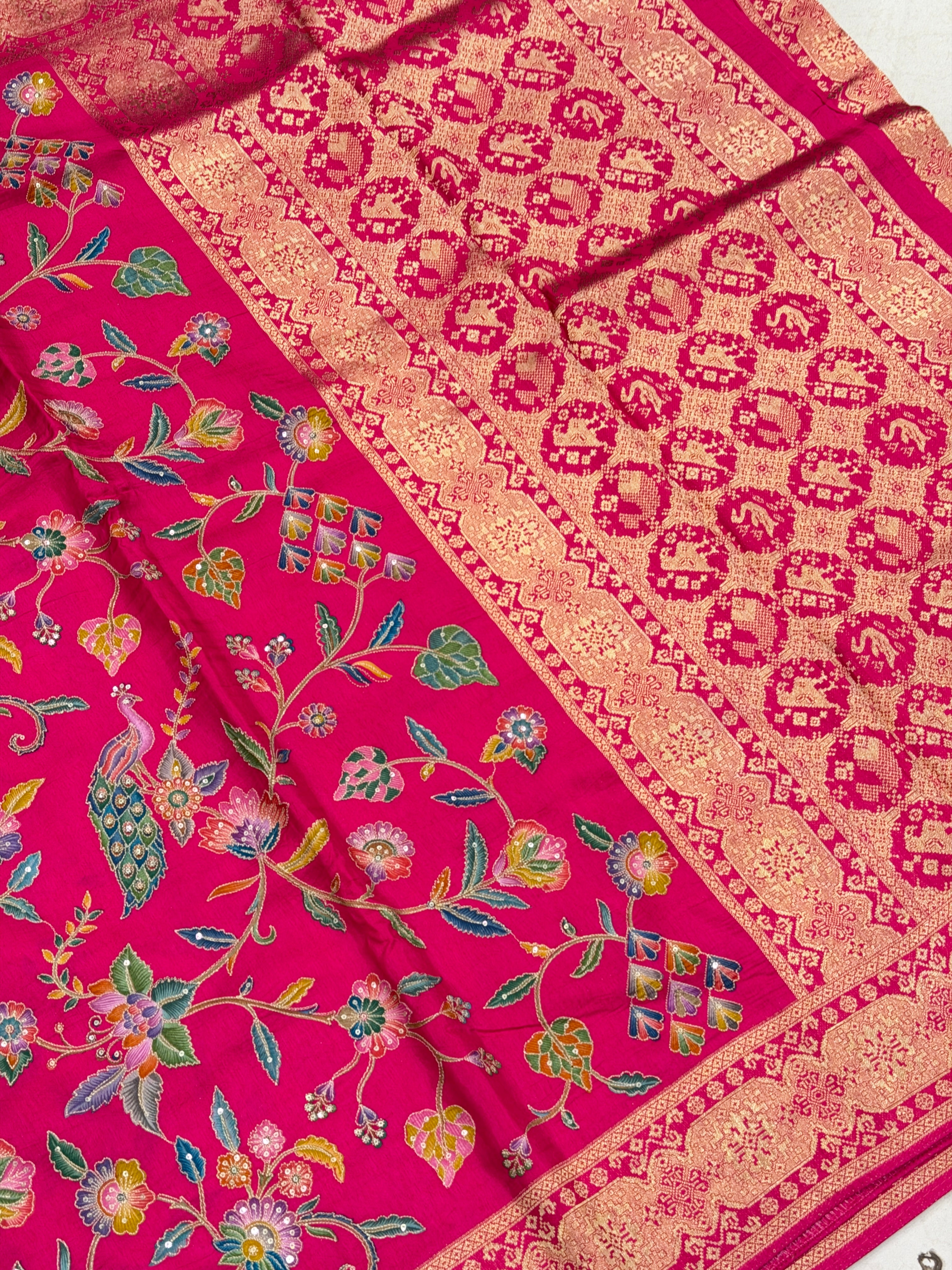 Rani Pink Patola Pallu Banarasi Munga Pita Embroidery Saree
