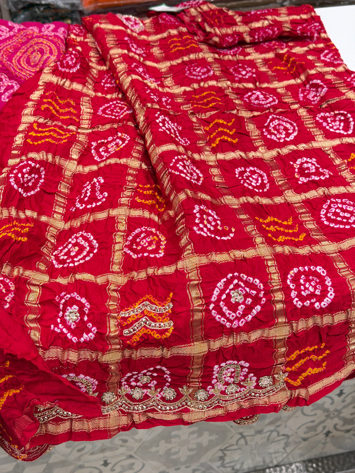Rani Red Half Gharchola Gajji Silk Bandhej Gotapatti Marodi Hand Embroidery Saree