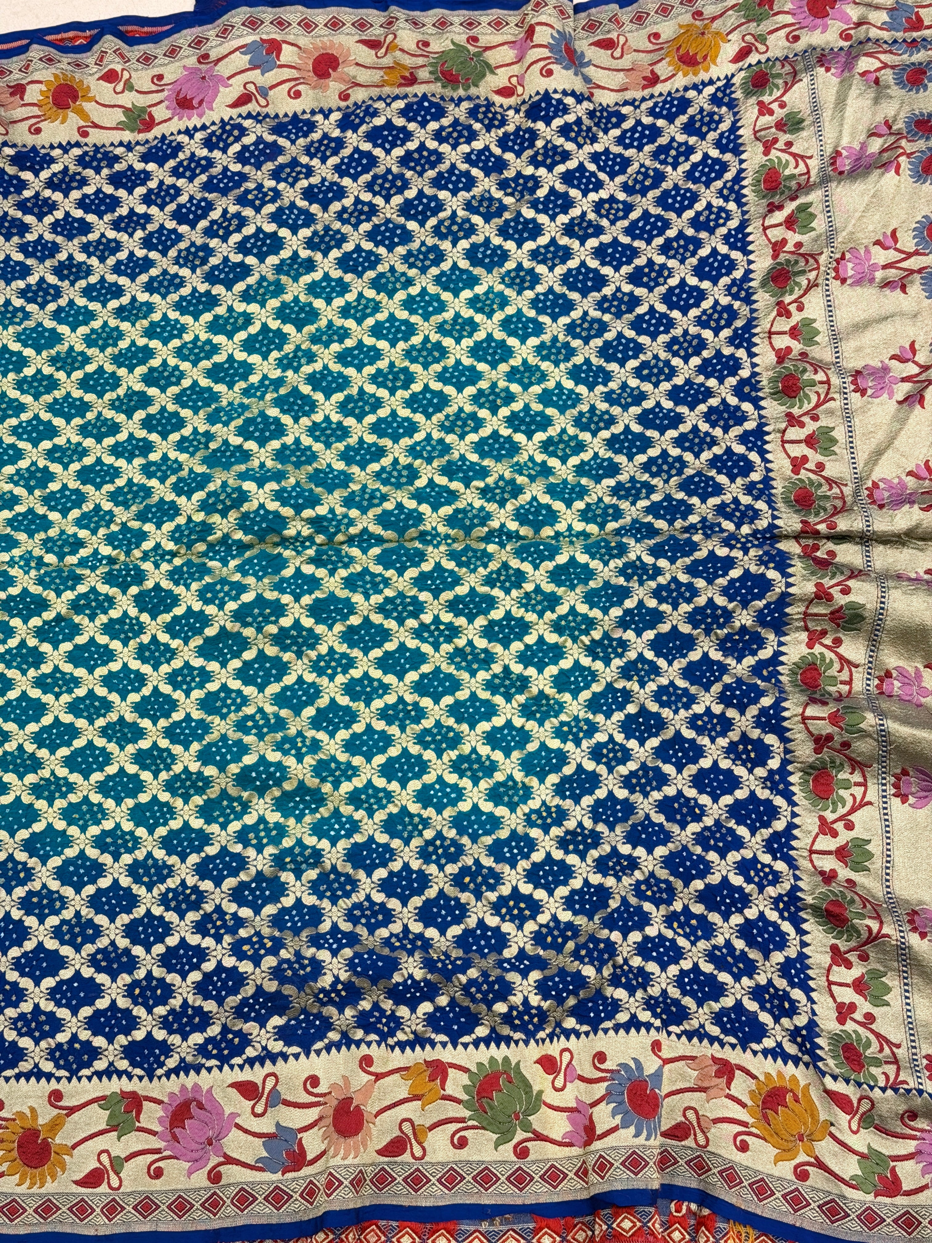 Shaded Blue Meenakari Paithani Style Pure Handloom Georgette Bandhej Saree