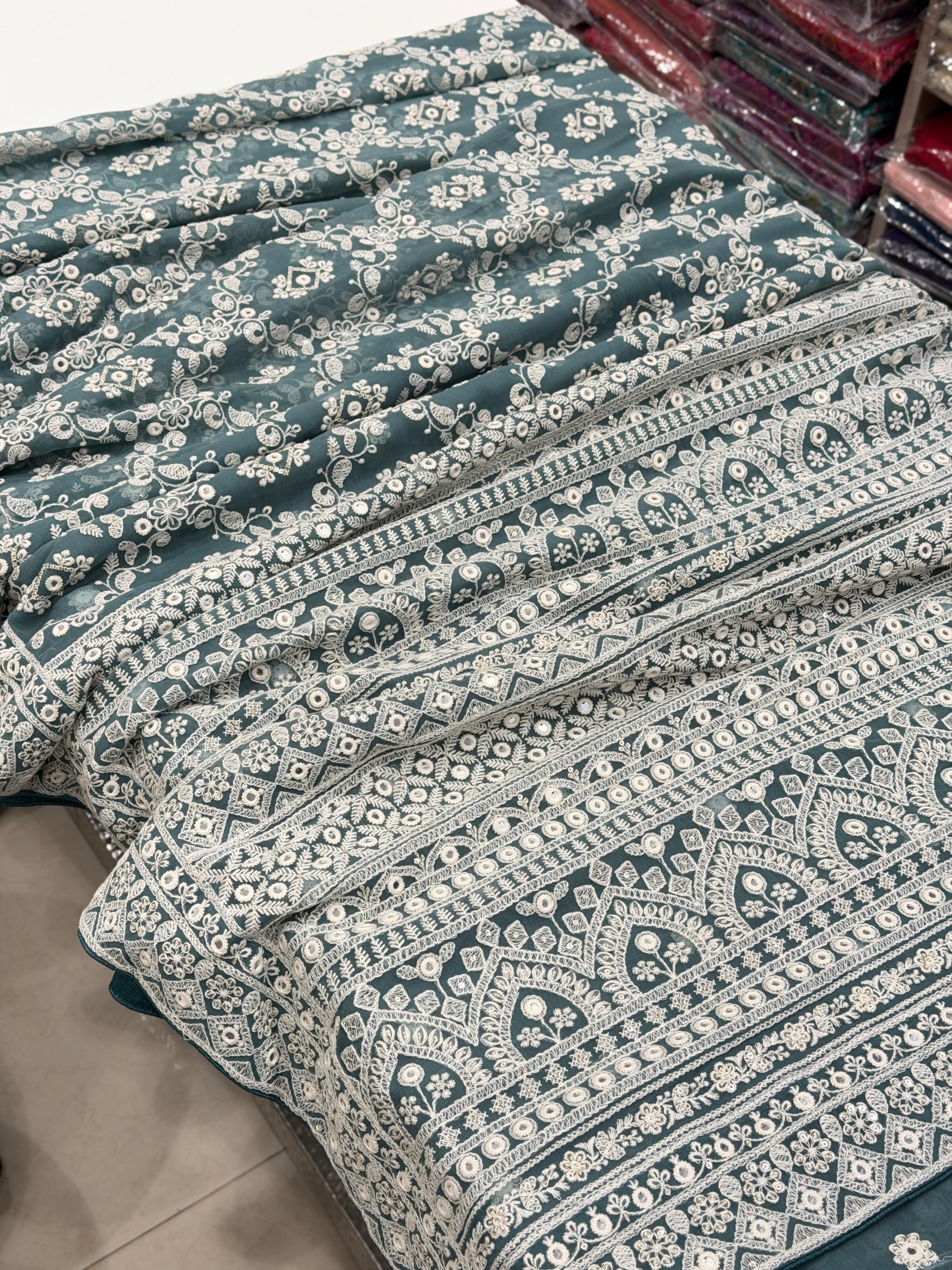 Mint Green Chikankari Jaal Georgette Resham Embroidery Saree