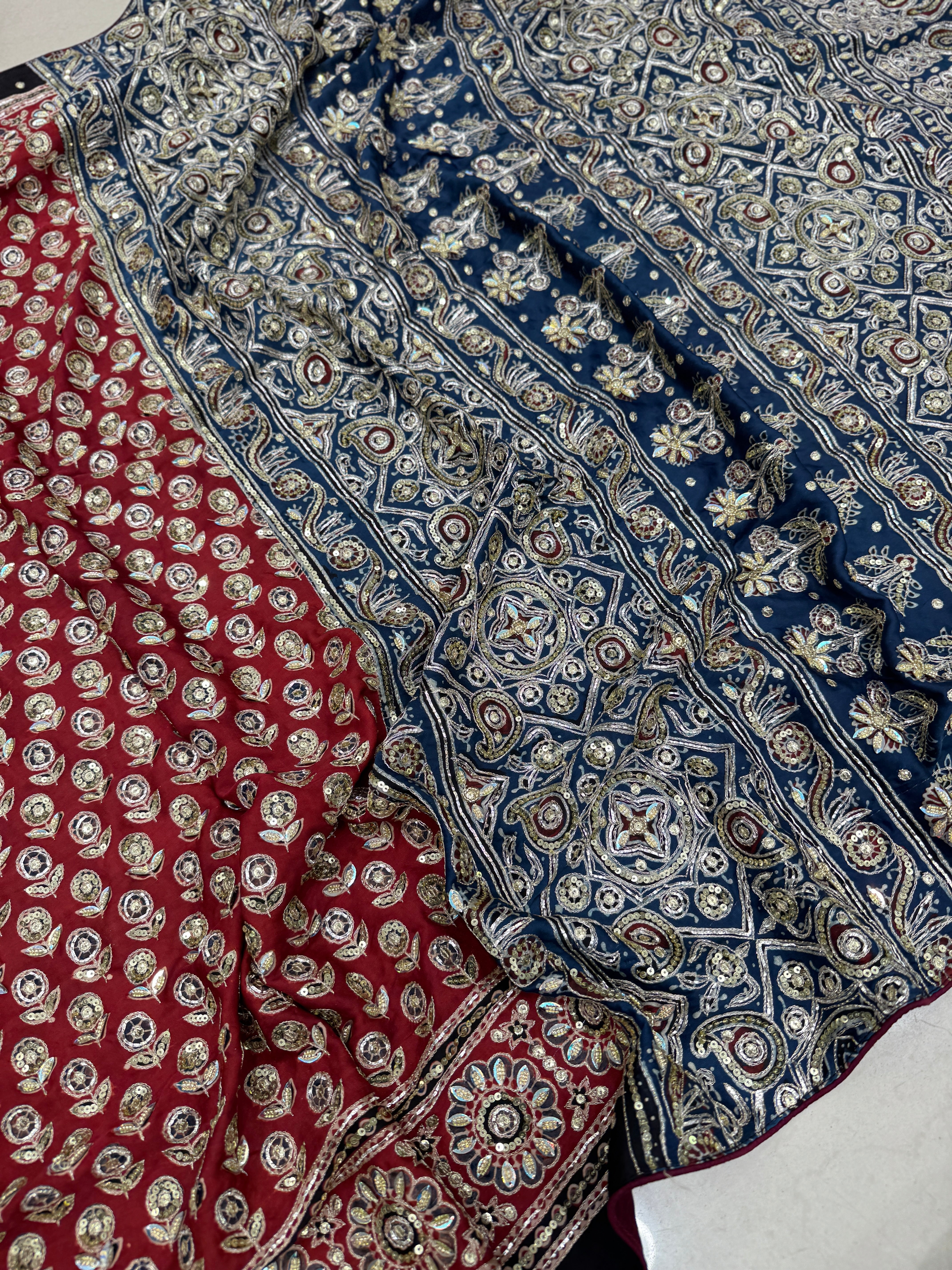 Red Buttis Pita Zardosi Sequin Ajrakh Hand Embroidery Saree