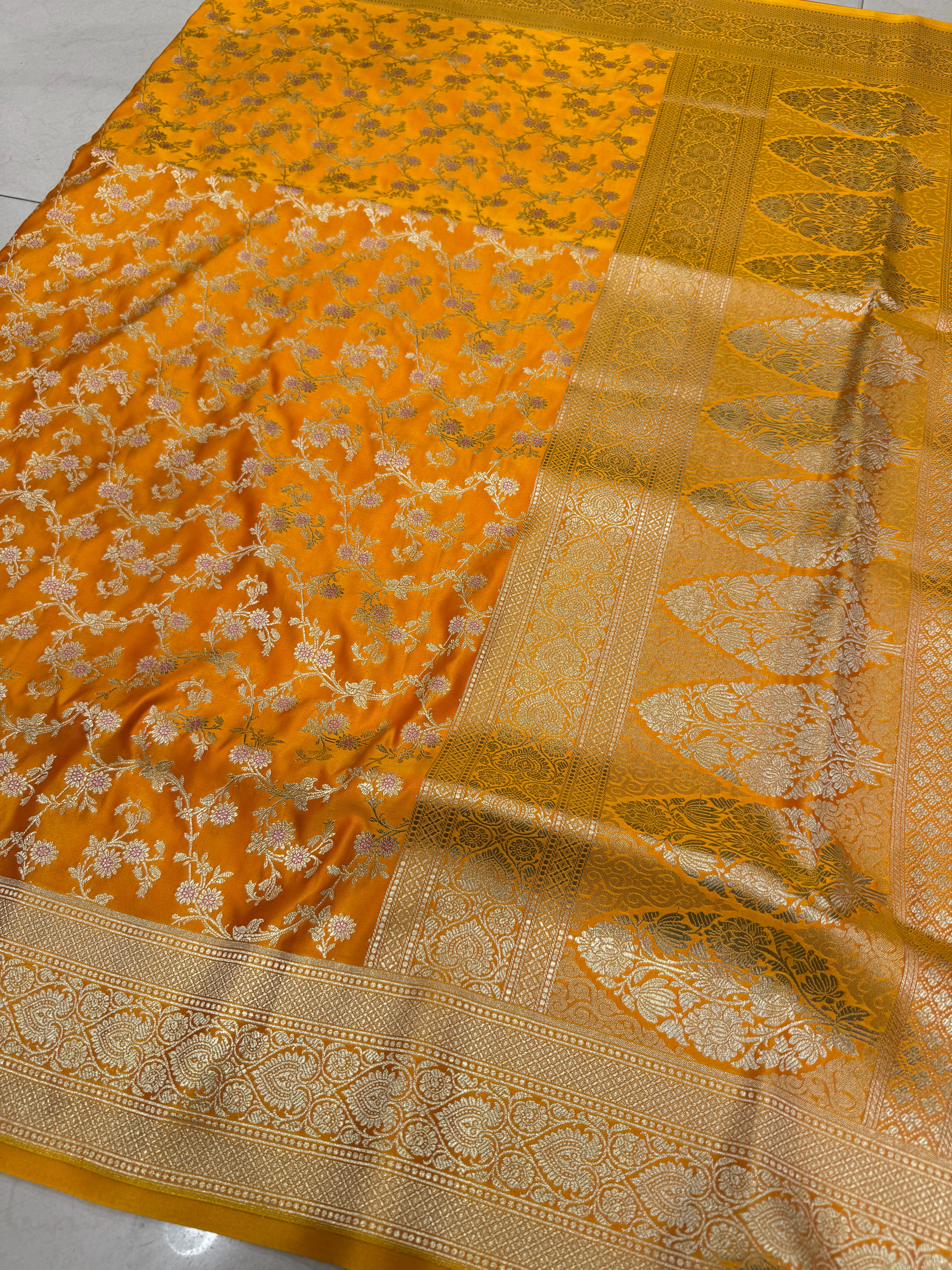 Mango Yellow Banarasi Silk Heart Border Saree