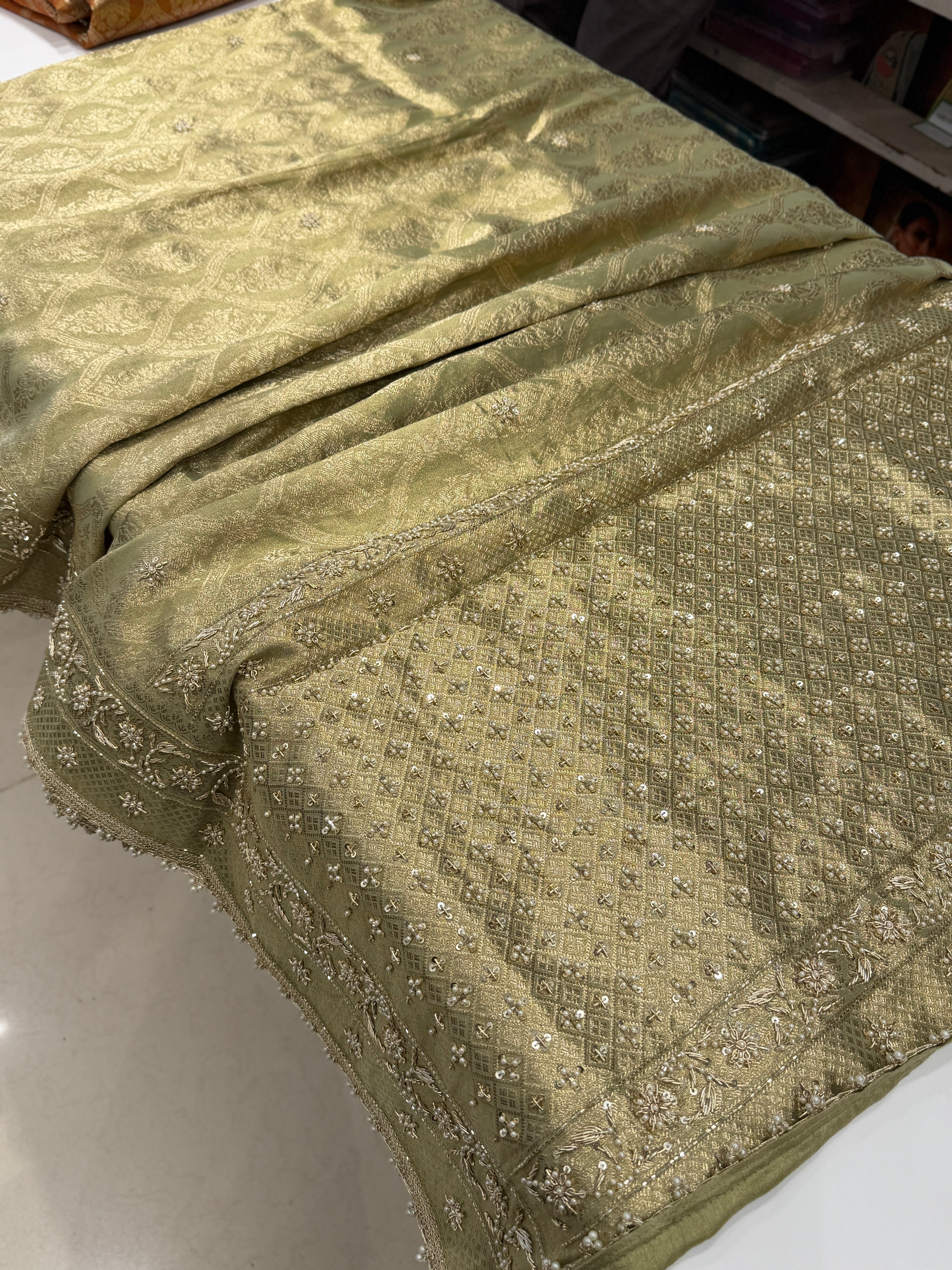 Pista Green Tissue Crown Jaal Hand Embroidery Zardosi gota Saree