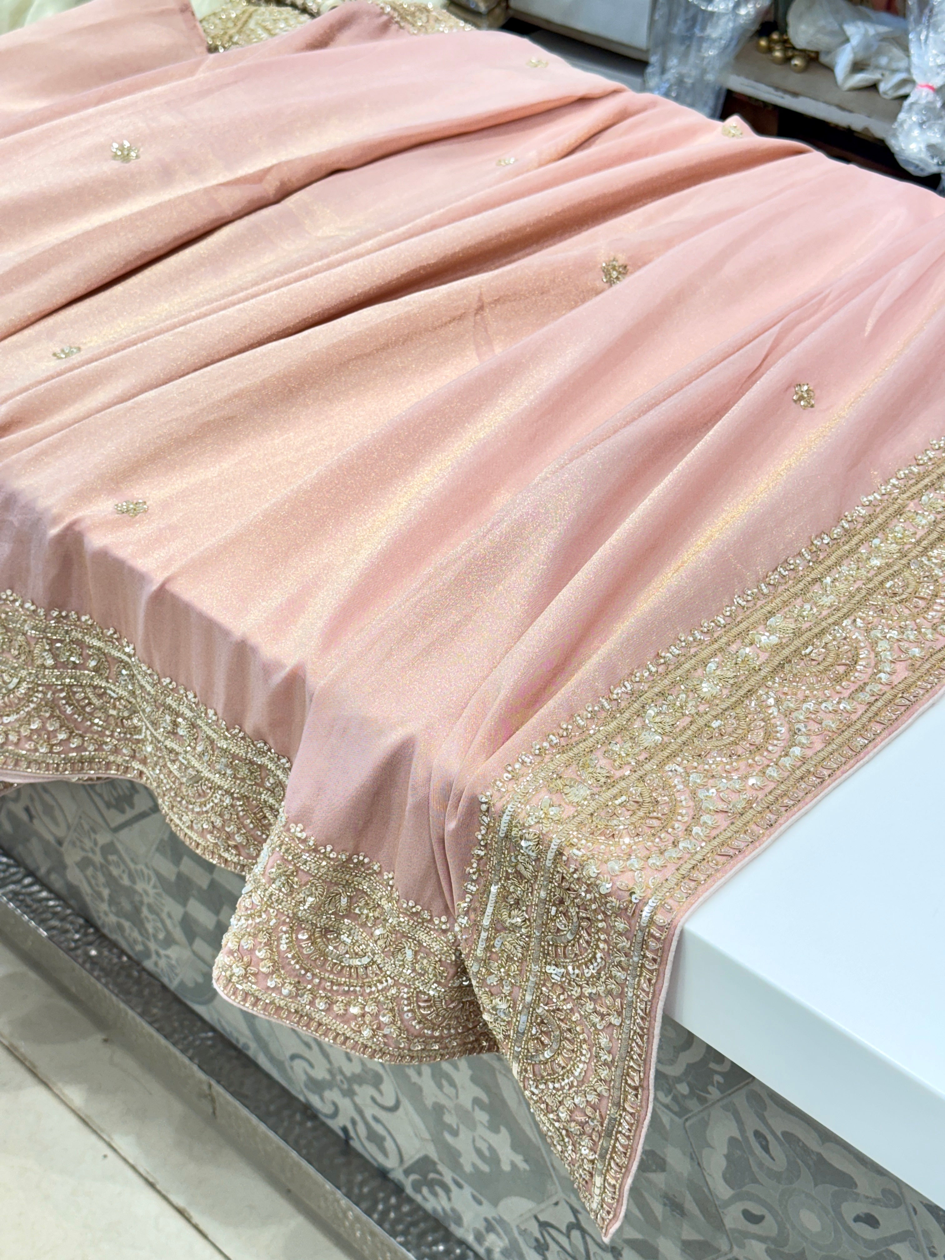 Pink Kareena Kapoor Inspired Crepe Tissue Embroidery Saree