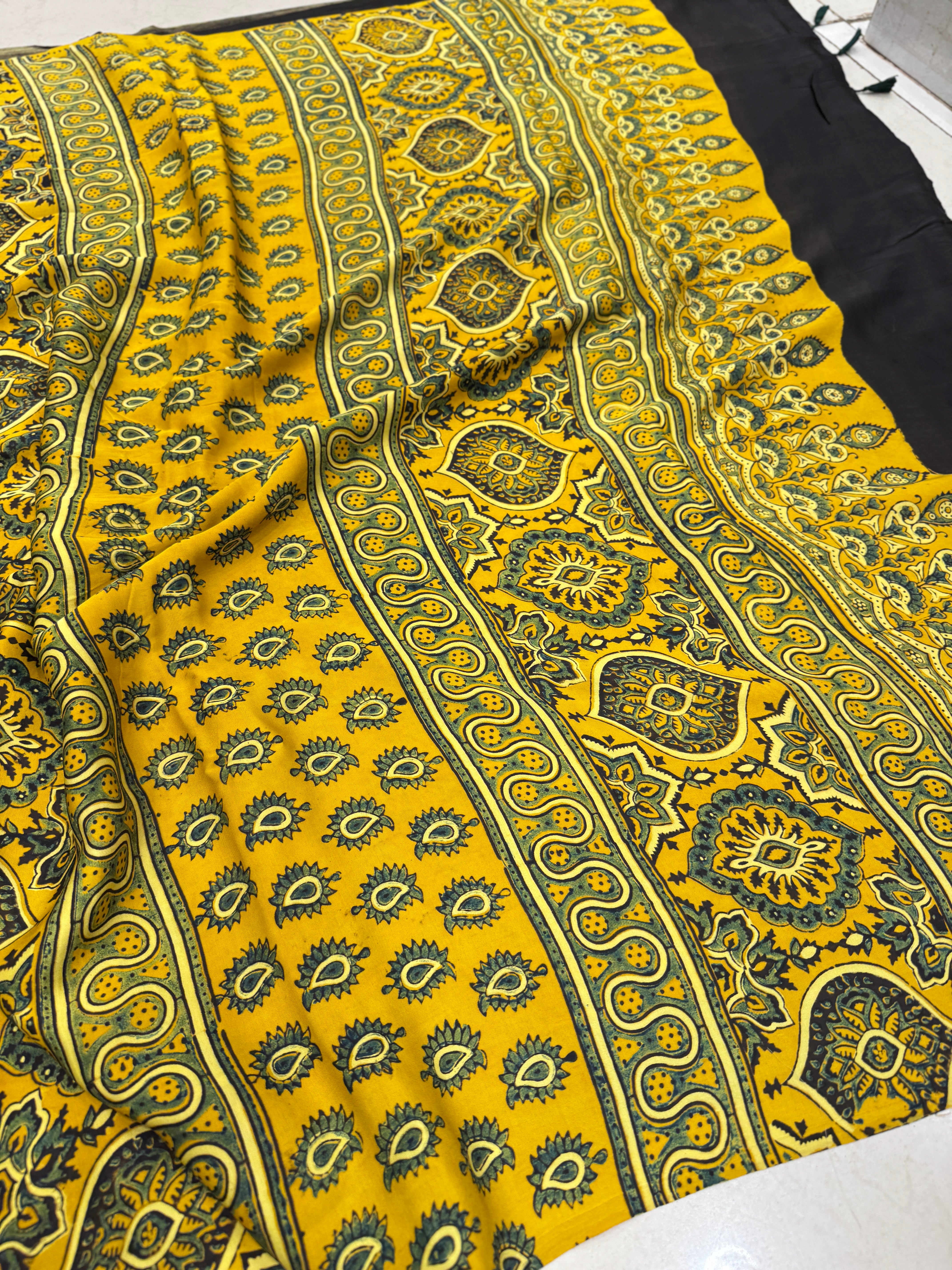 Yellow Floral Buttas Ajrakh Saree Modal Gajji Silk Hand Block Print