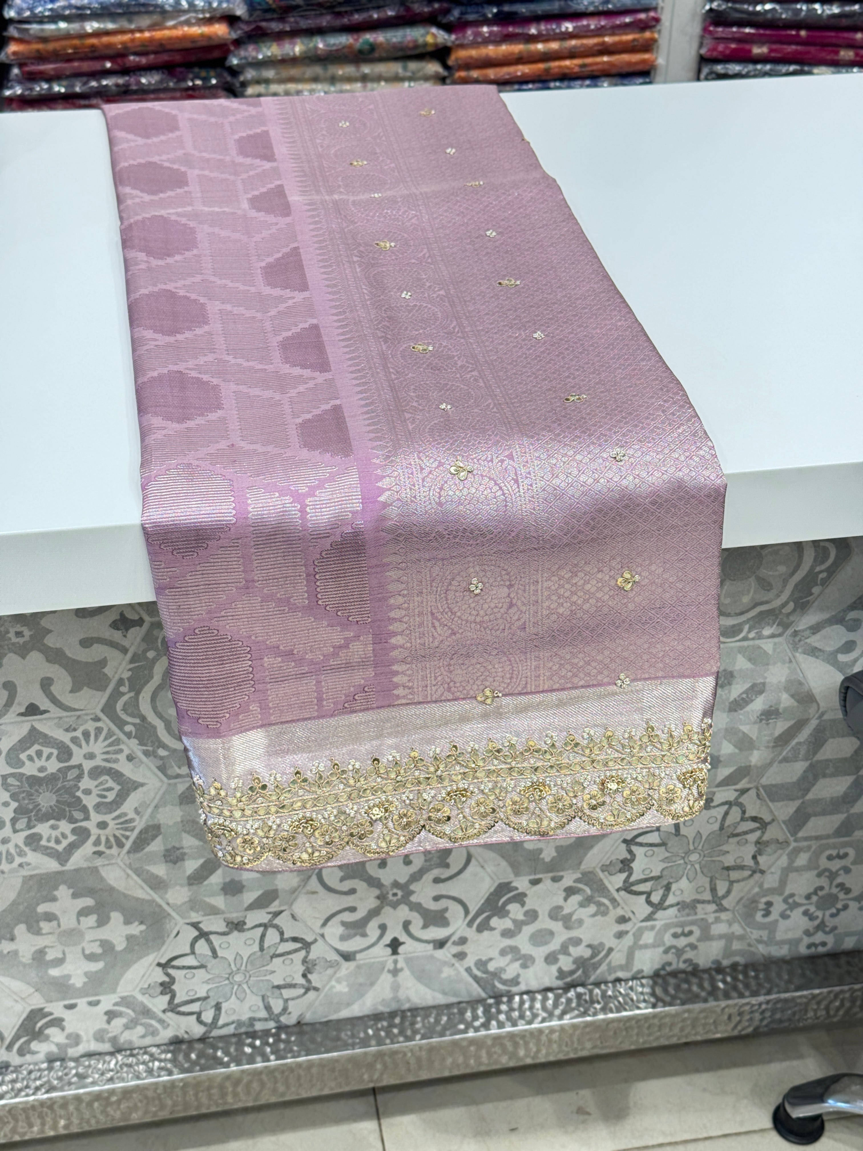 Lilac Contemporary Kanjivaram Zardosi Hand Embroidery Saree