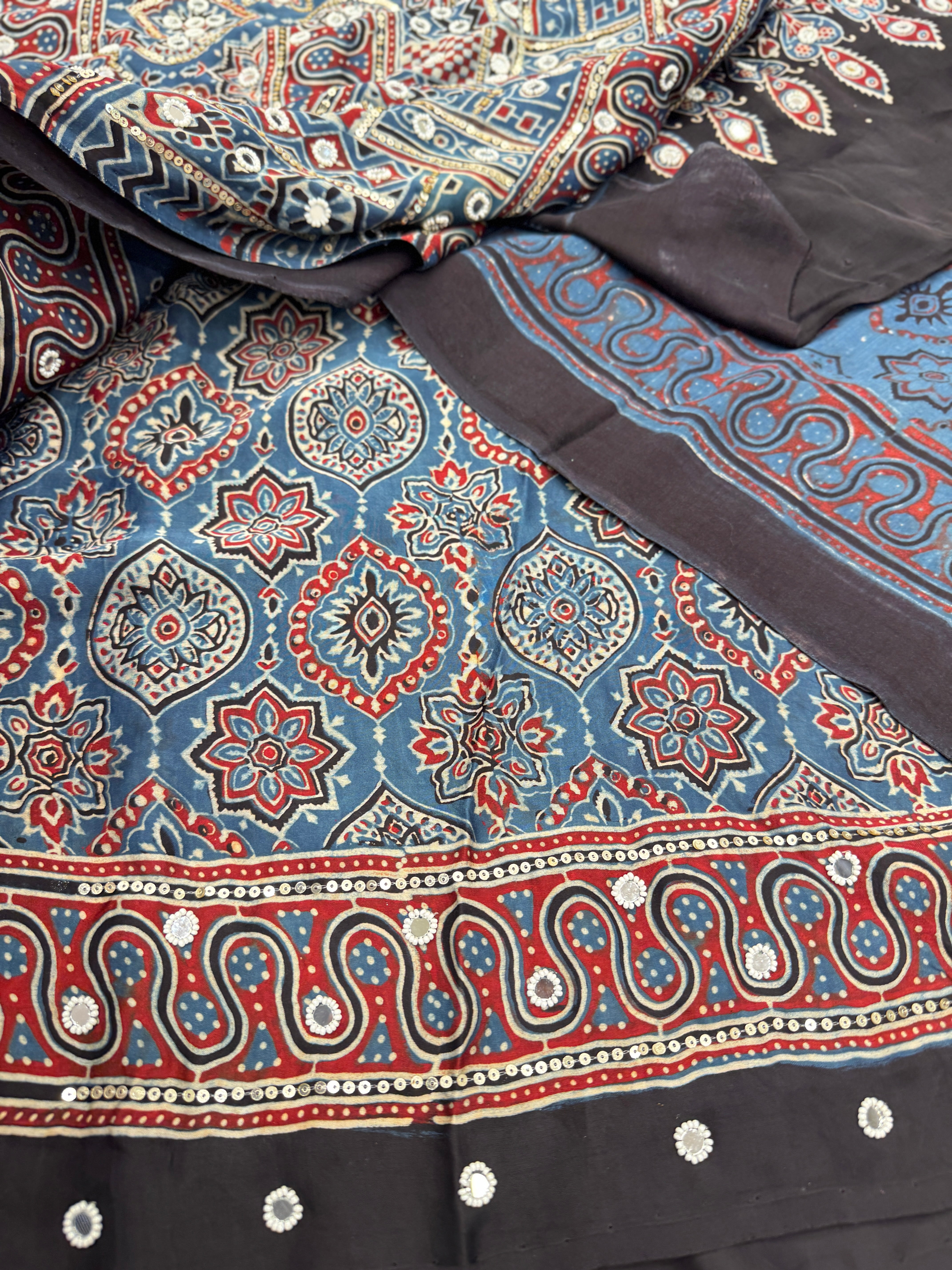 Blue Ajrakh Buttis Sequin Mirror Moti Hand Embroidery Saree