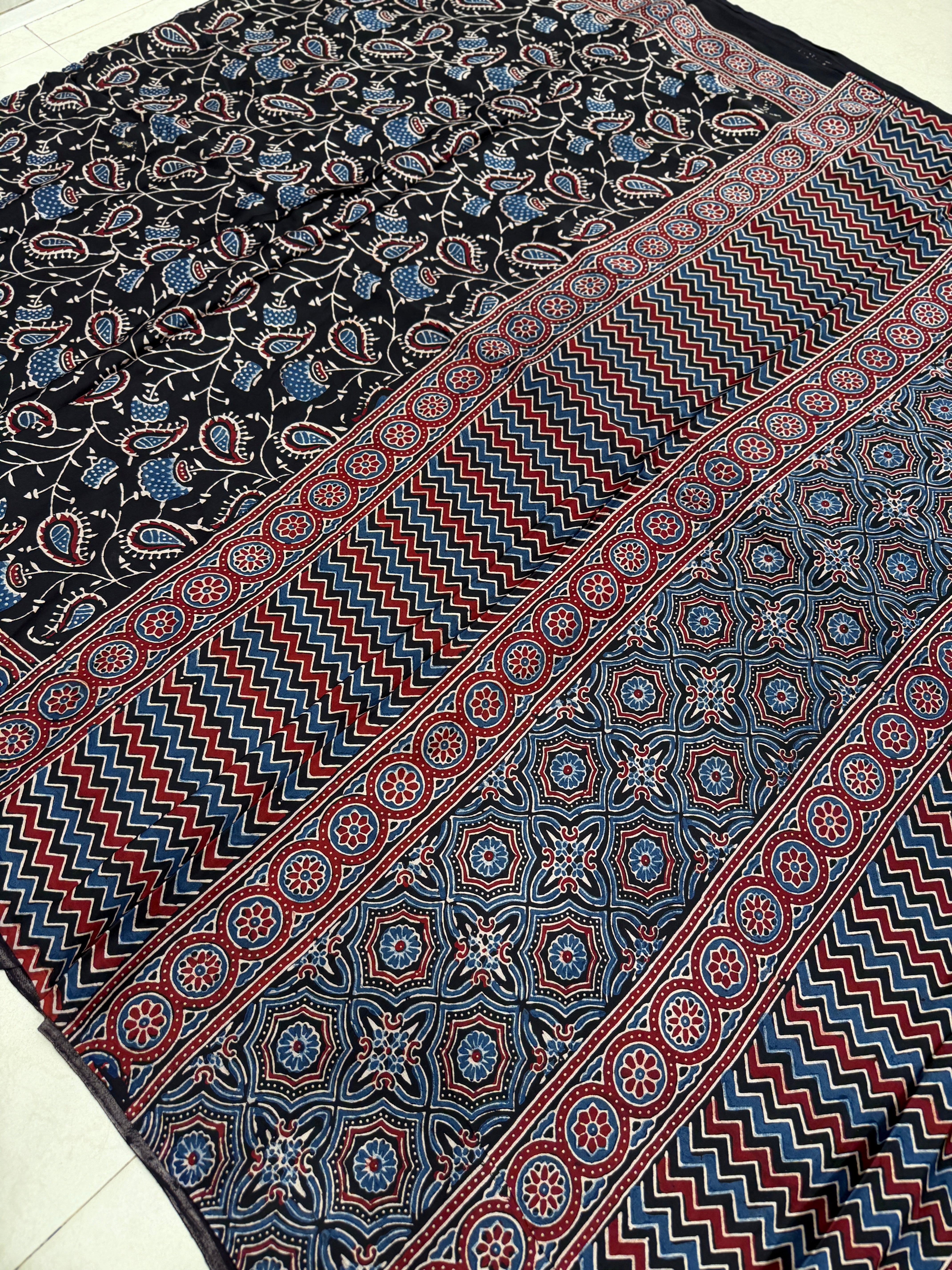 Black Jaal Ajrakh Hand Block Print Pure Gajji Silk Saree