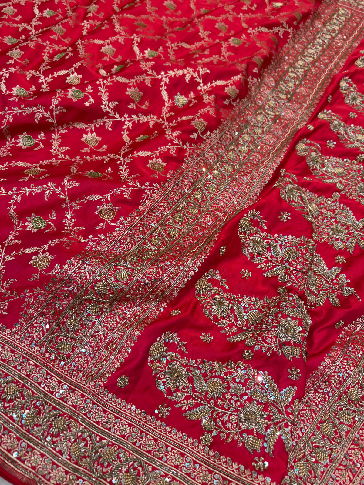Cross Red Meenakari Banarasi Jaal Antique Zardosi Hand Embroidery Saree