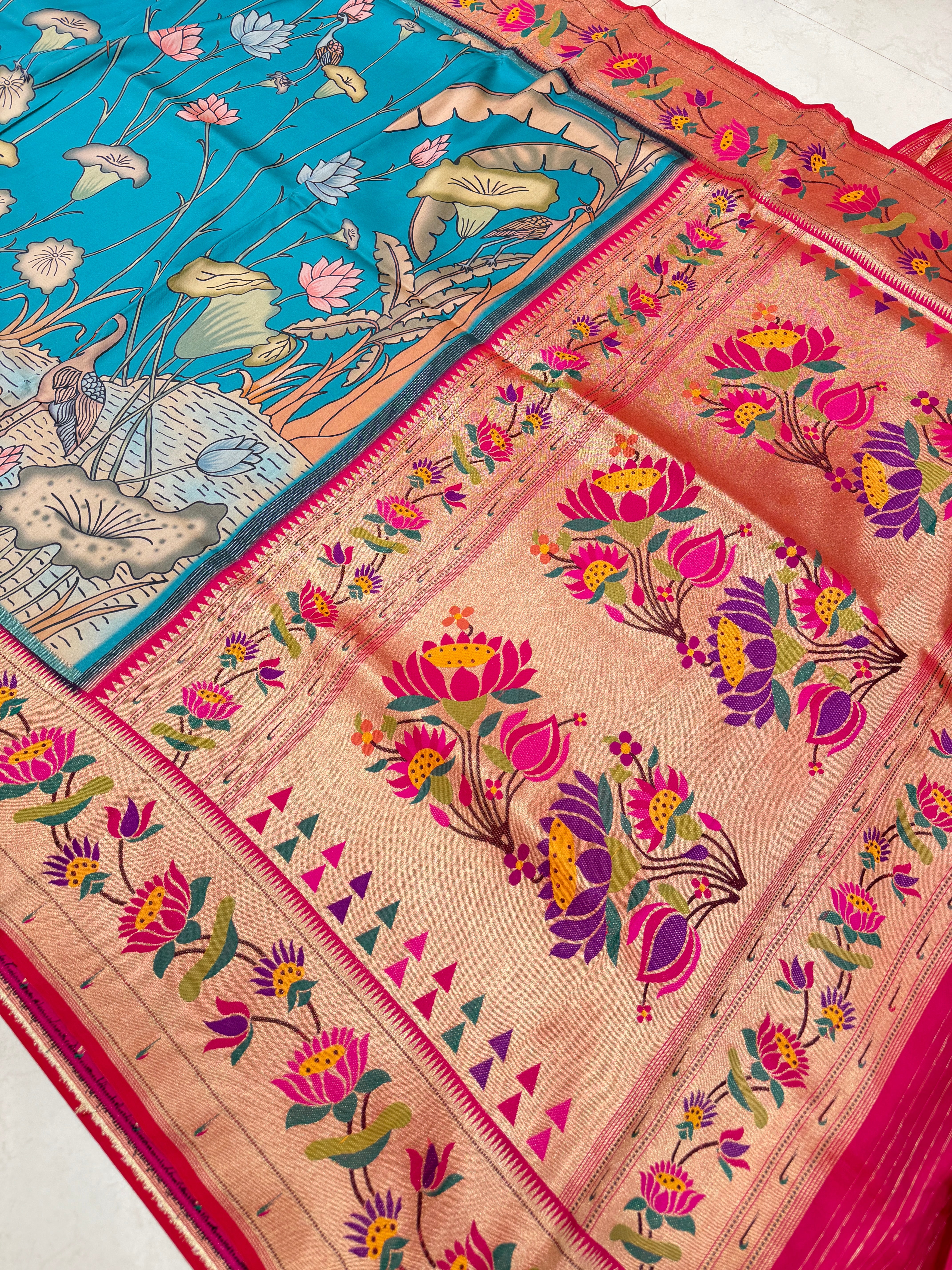 Blue Kalamkari Print Paithani Weaved Soft Silk Saree