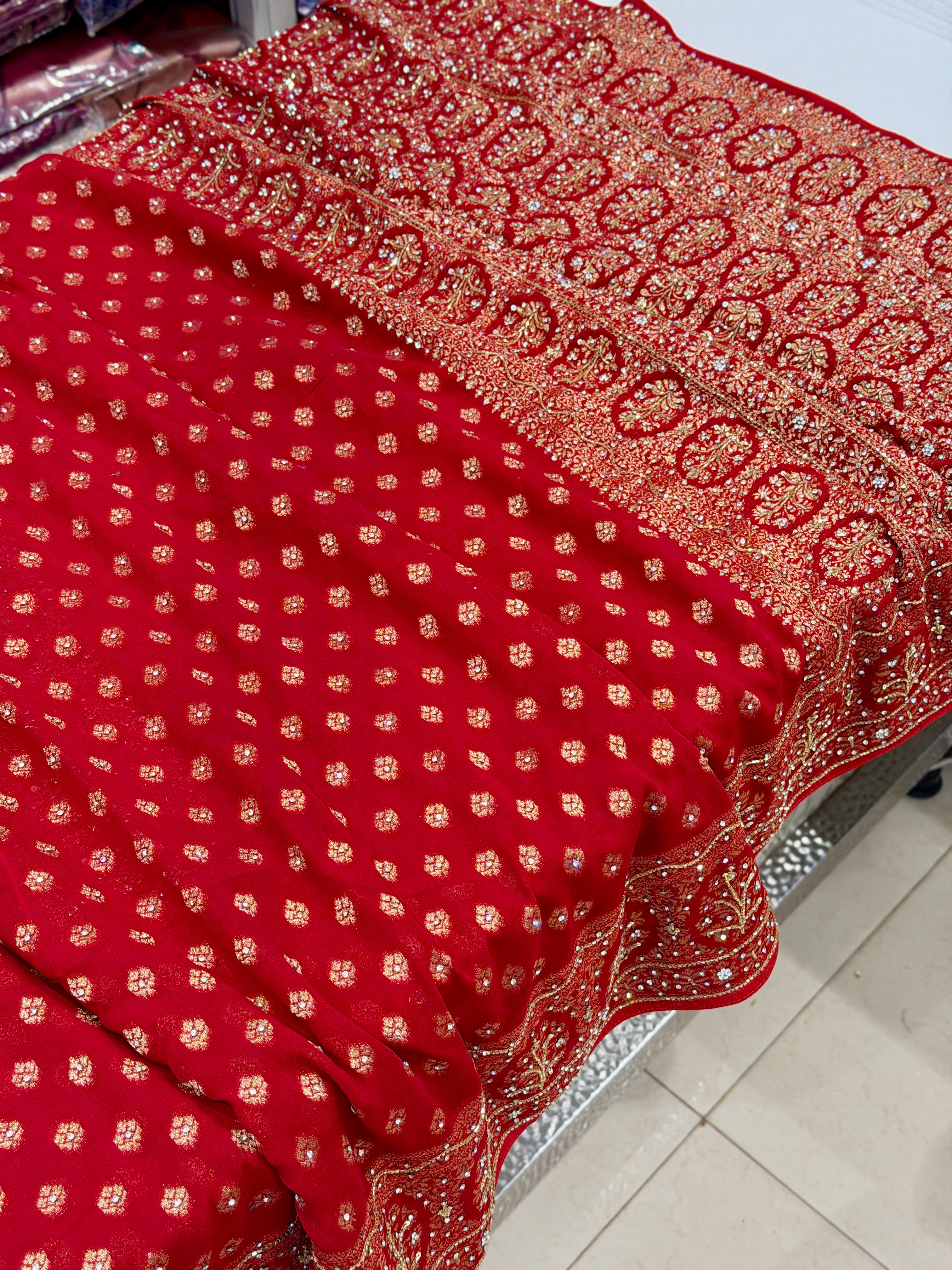 Red Banarasi Khaddi Georgette Butti Hand Embroidery Sequin Stone Saree