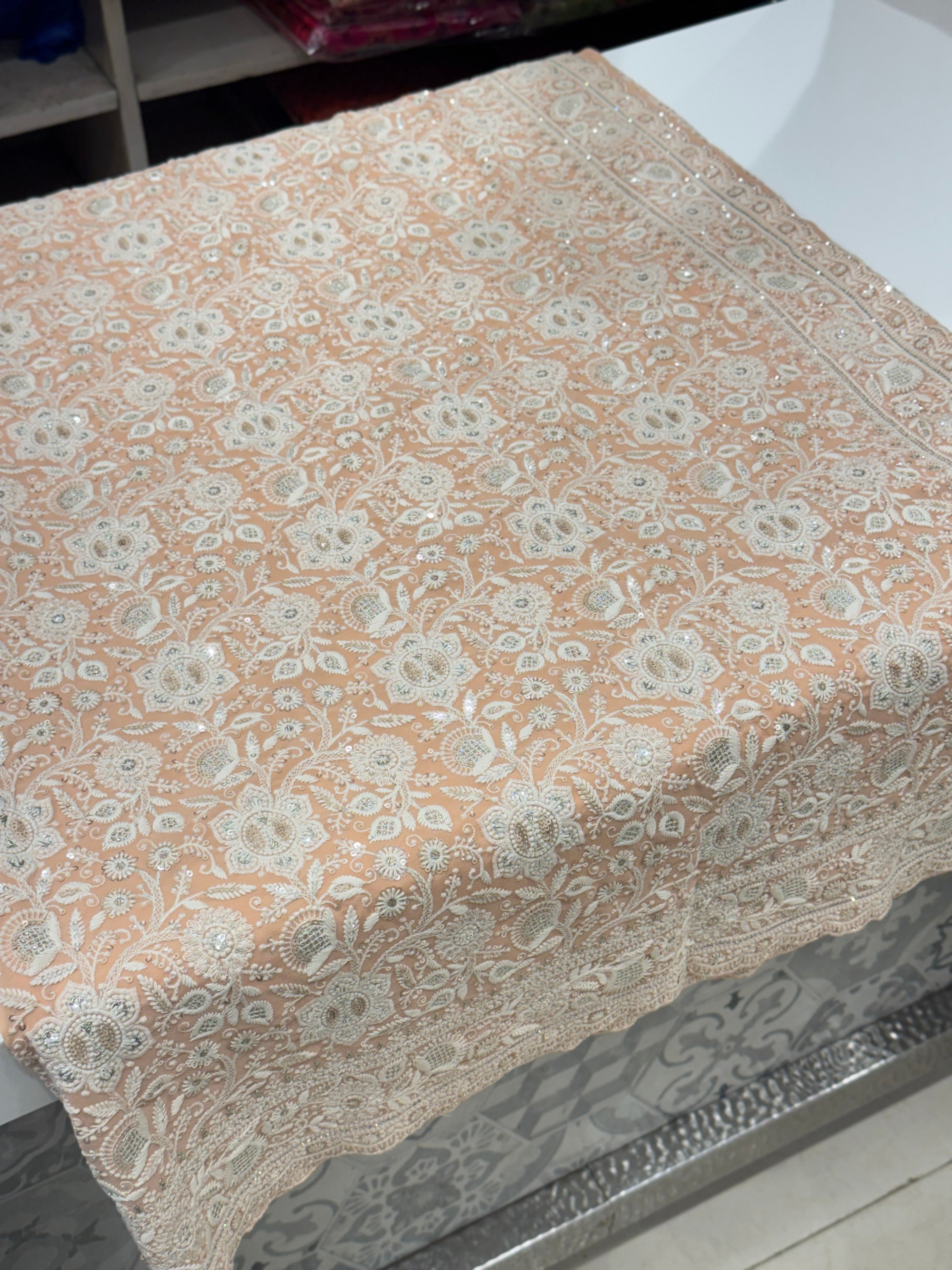Peach Chikankari Small Scallop Design Saree