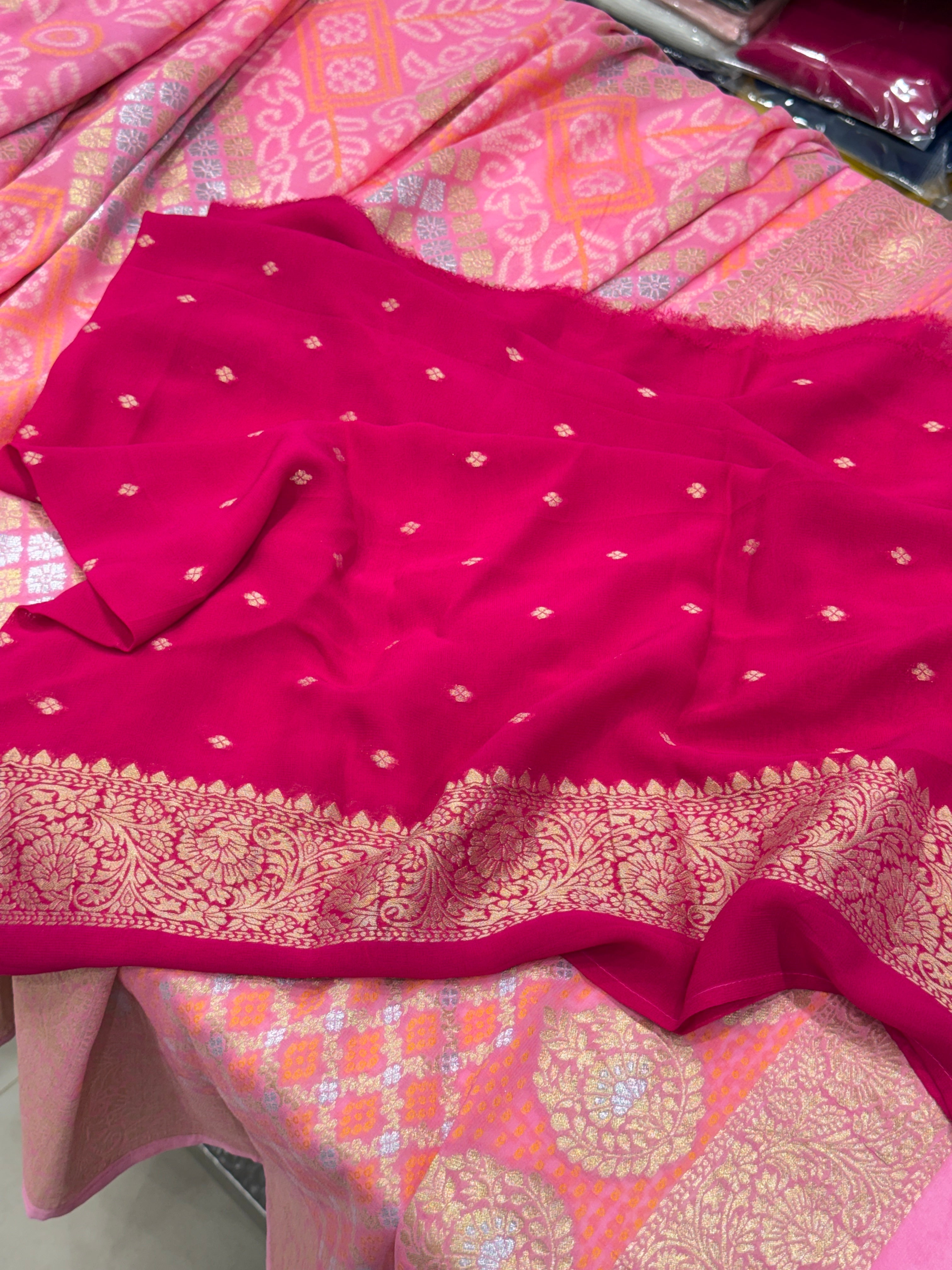 Pink Woven Bandhej Sona Roopa Georgette Saree with contrast Blouse