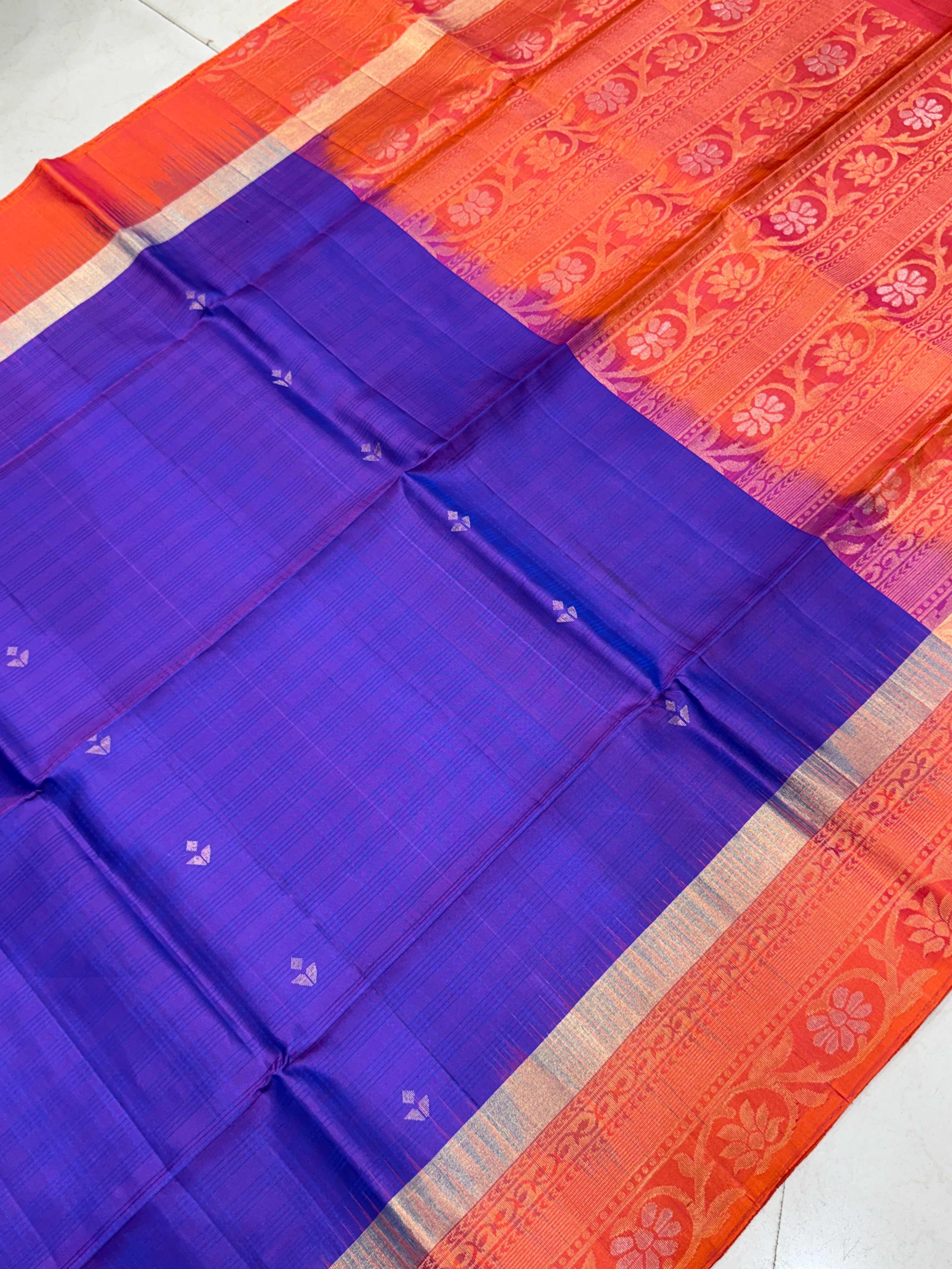 Purple Orange Small Buttis Handloom Kanchipuram Pure Silk Saree