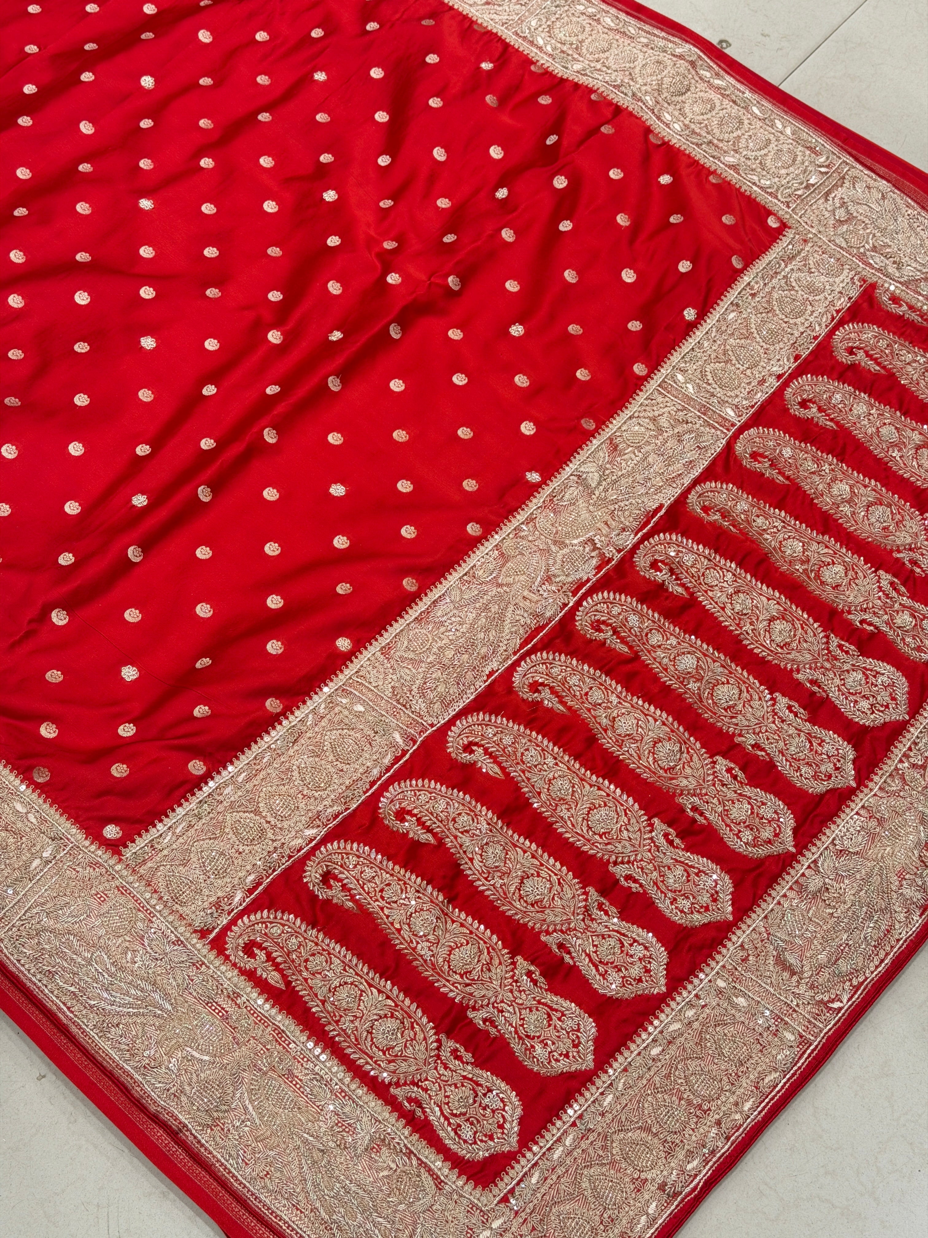 Red Chand Butti Zardosi Hand Embroidery Saree