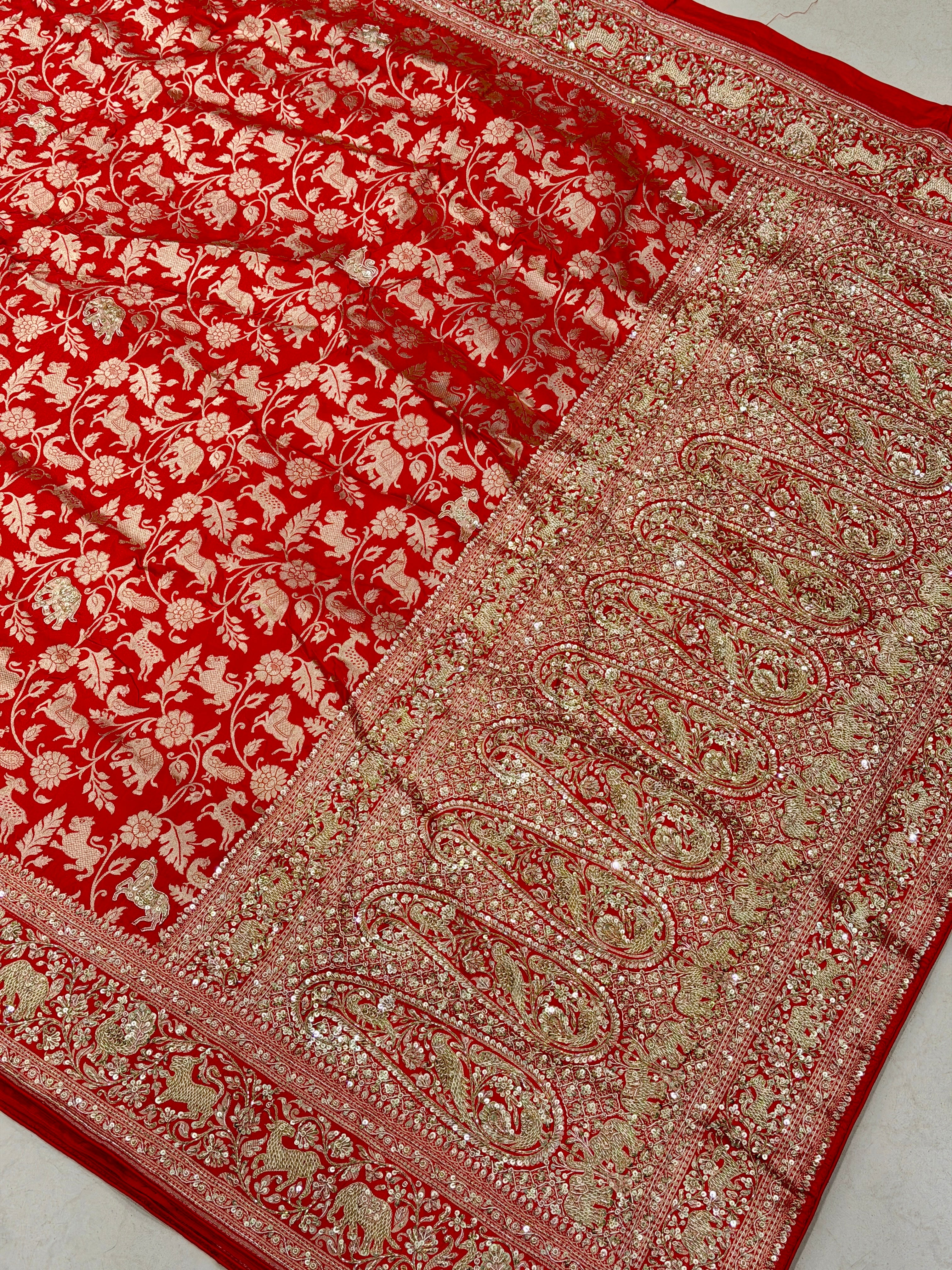Red Banarasi Shikara Zardosi Hand Embroidery Saree