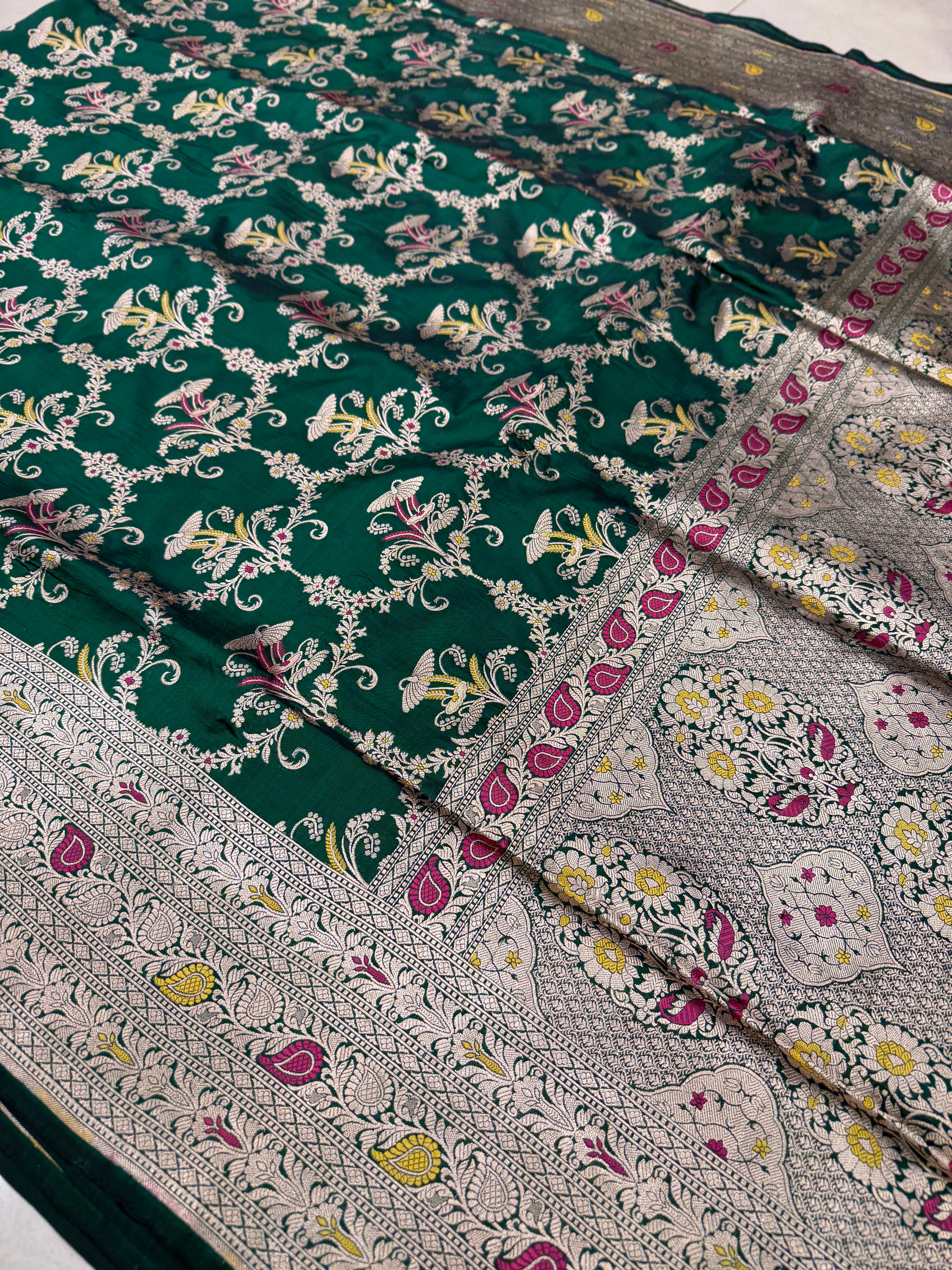 Bottle Green Handloom Meenakari Katan Silk Saree