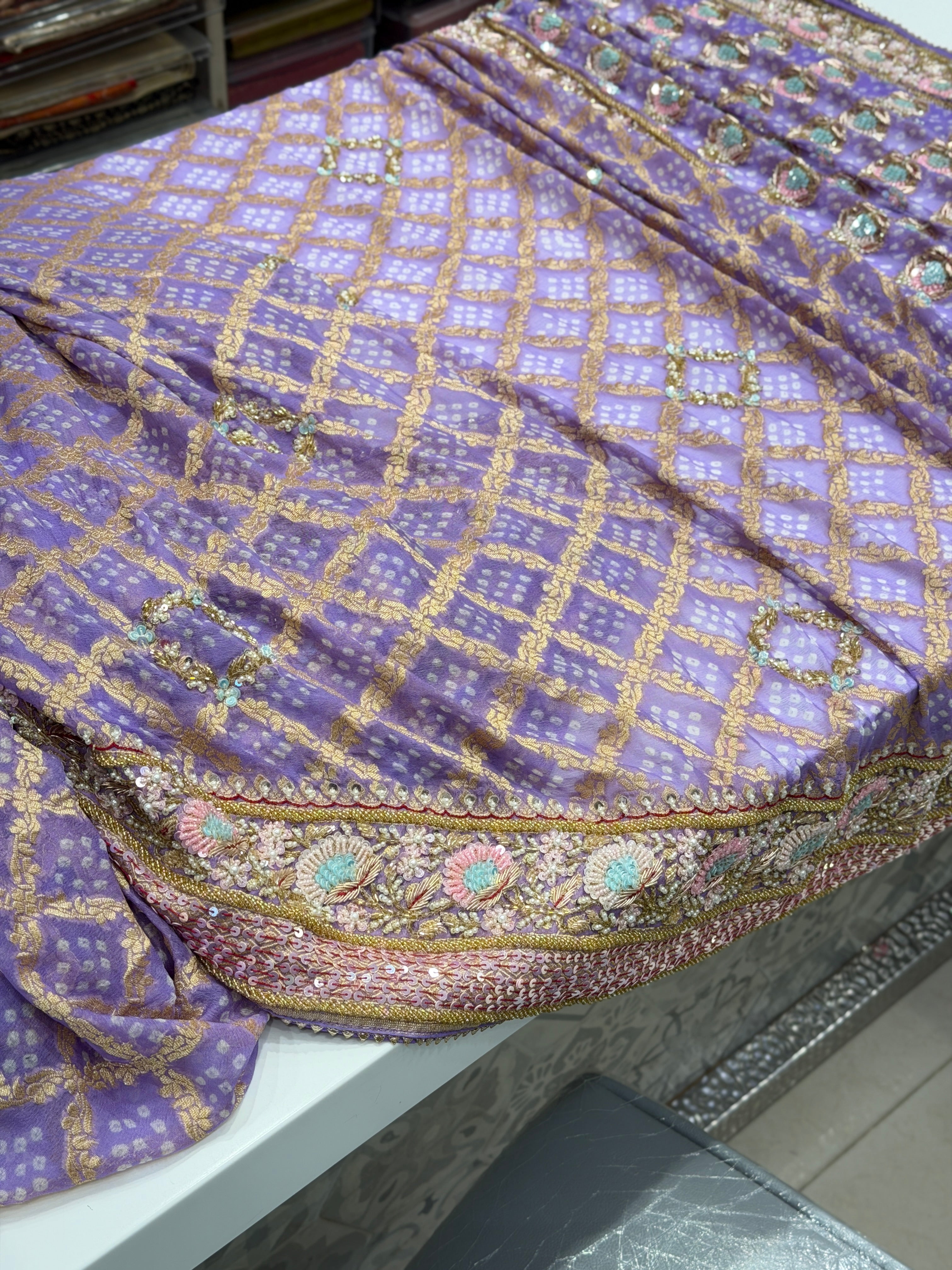 Pastel Lilac Bandhej Hand Embroidery Moti Zardosi Saree