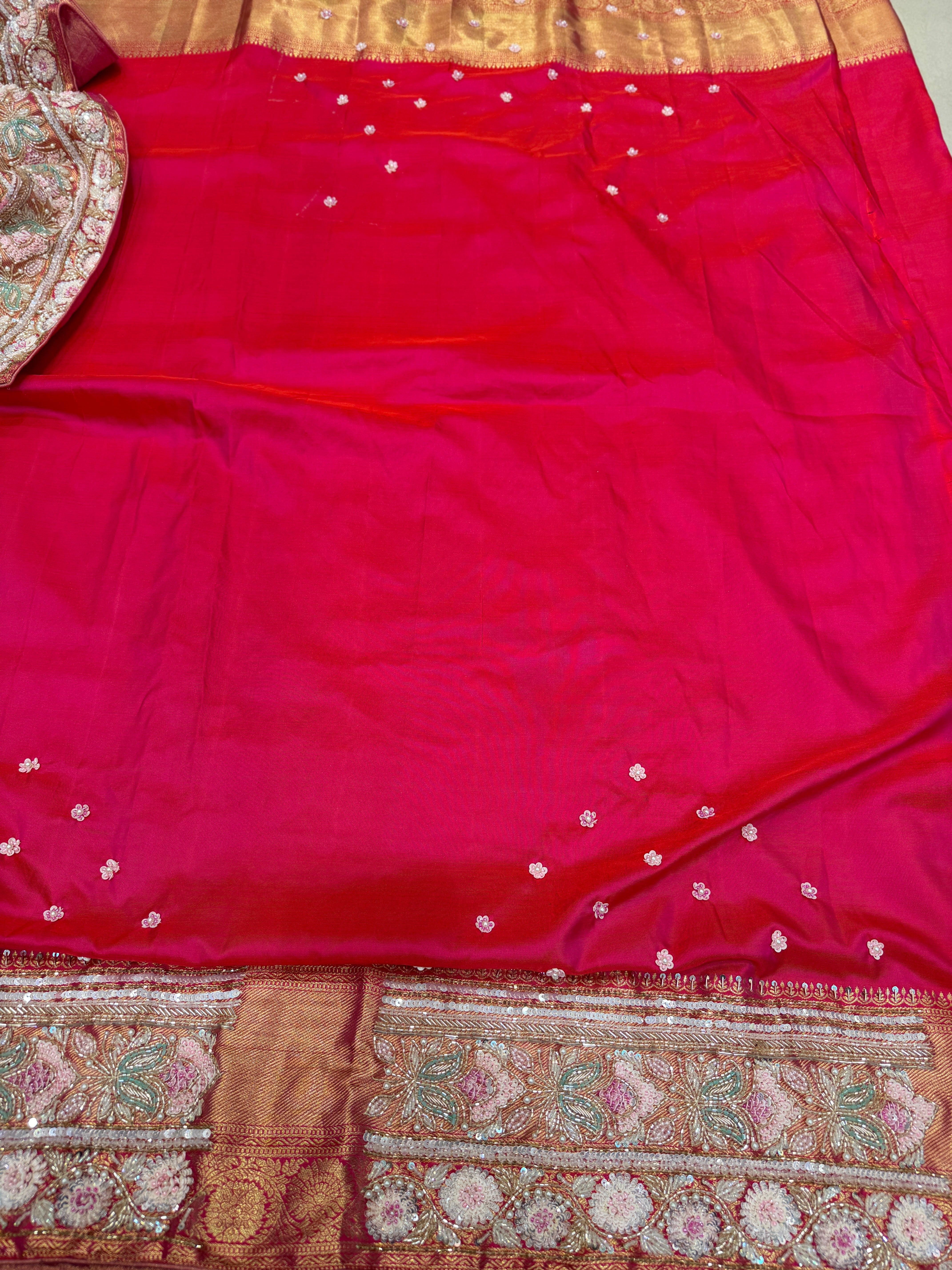Rani Pink Kanjivaram Moti Zardosi Peacock Motif Hand Embroidery Saree