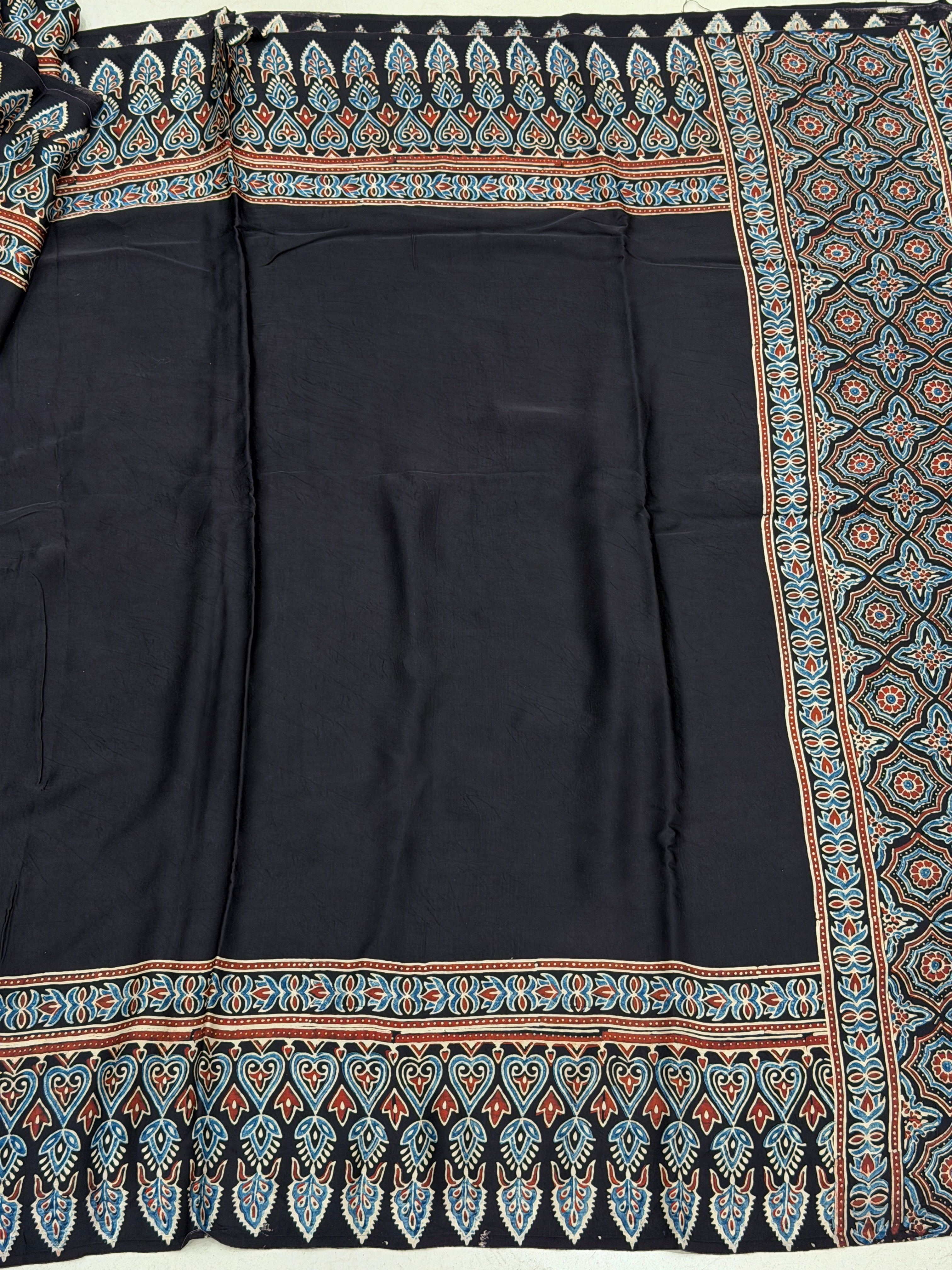 Black Plain Big Border Ajrakh Hand Block Print Pure Modal Silk Saree