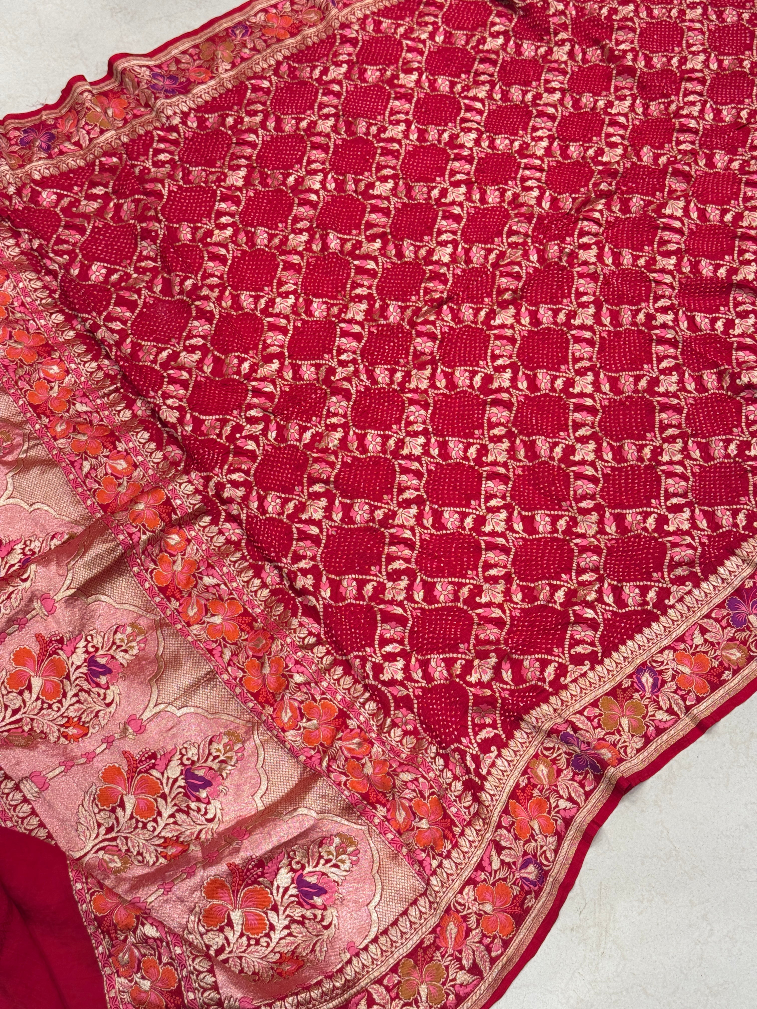 Red Meenakari Badam Jaal Rai Bandhej Georgette Dupatta