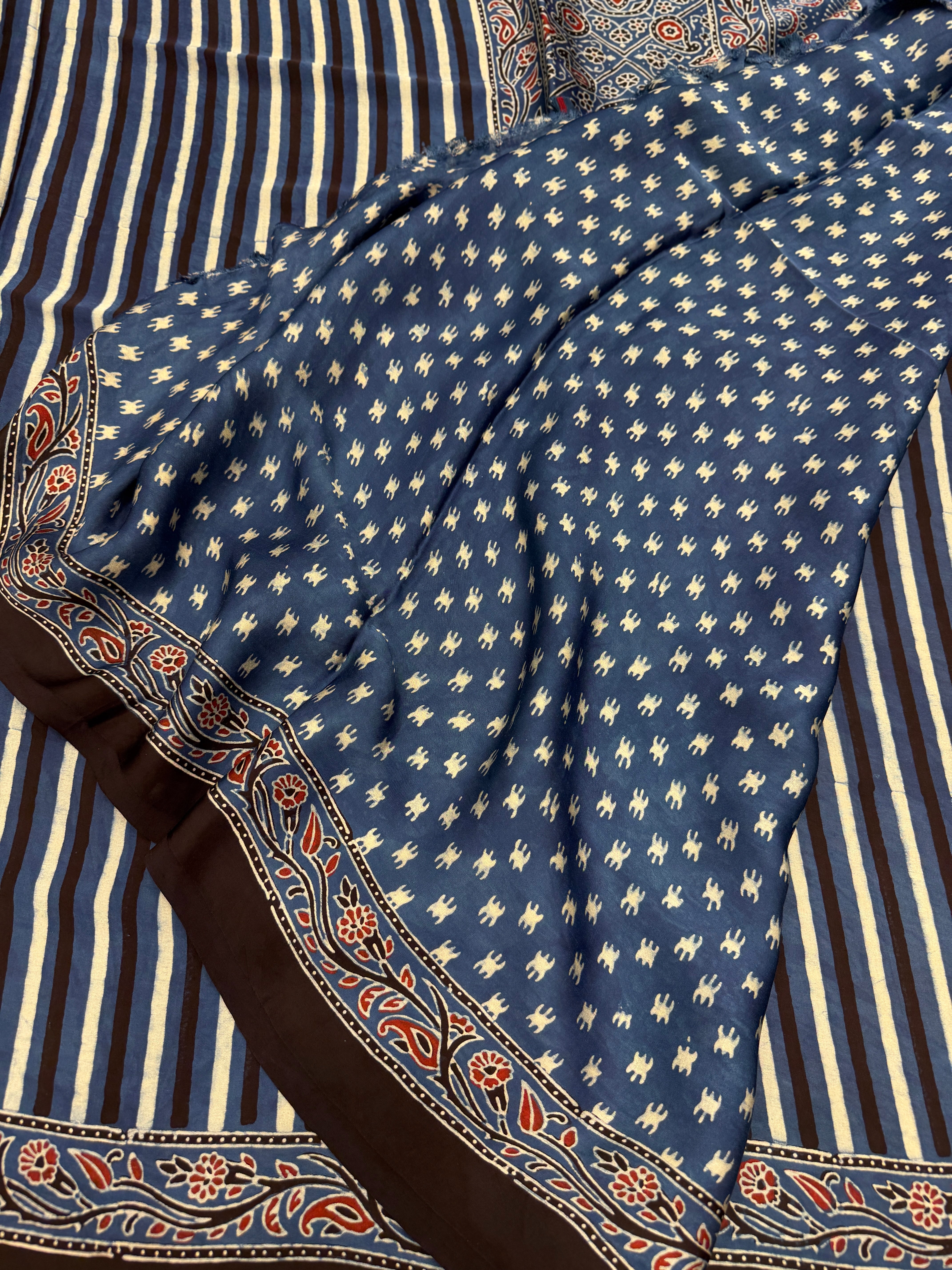 Blue Contemporary Ajrakh Block Print Hand Pure Gajji Silk Saree