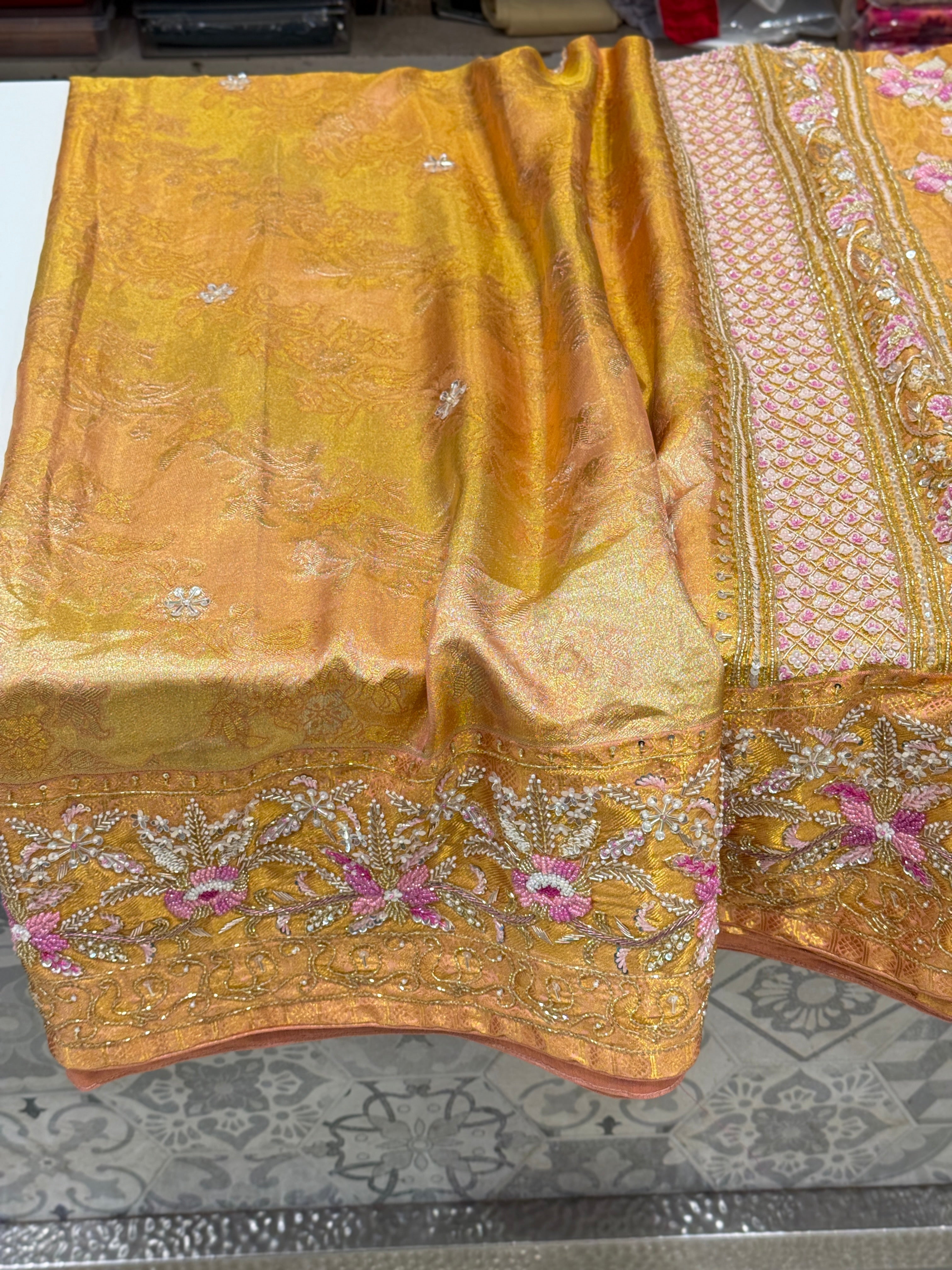 Gold Tissue Kanjivaram Rangkat Hand Embroidery Saree