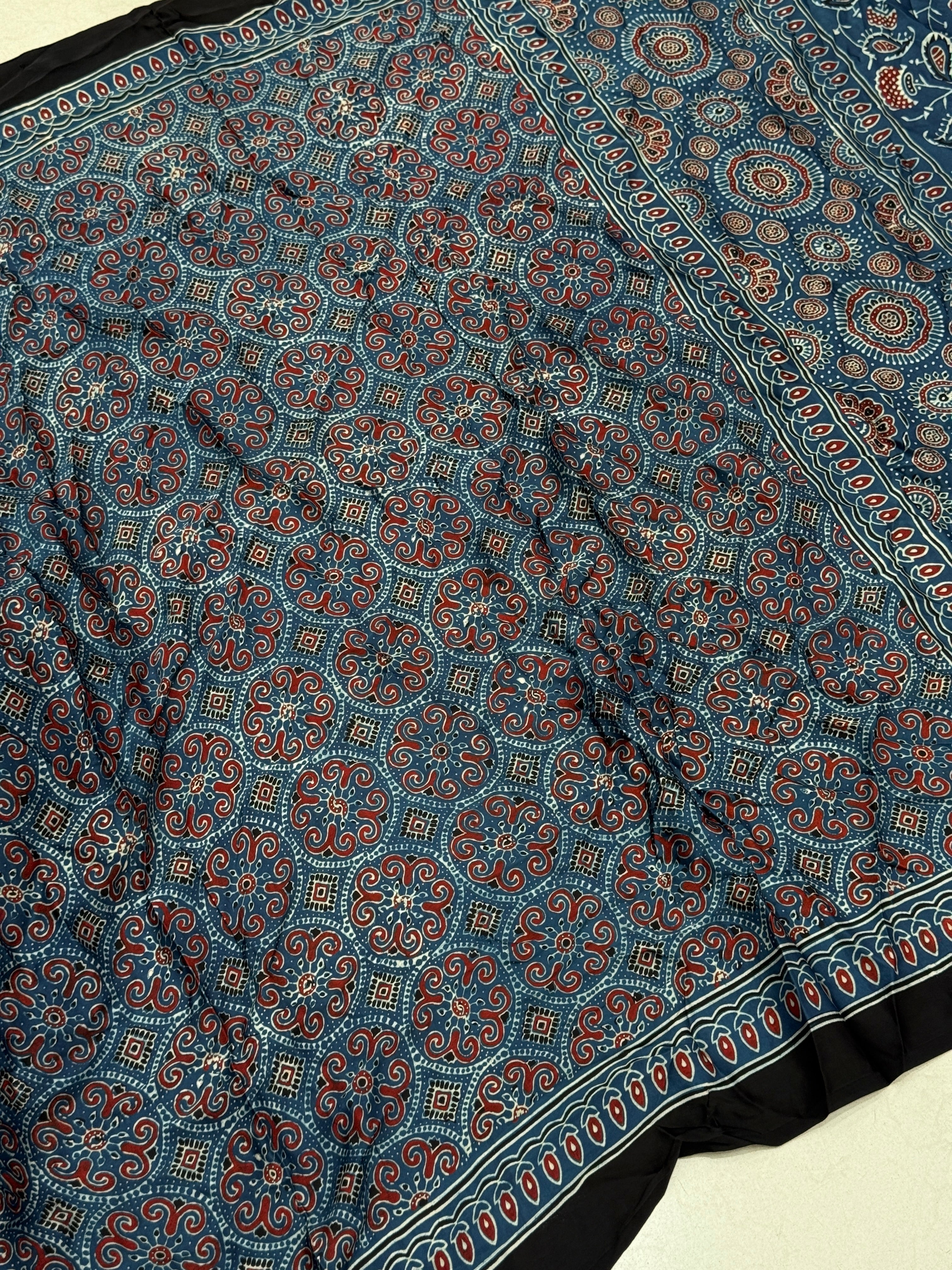 Blue Circle Badam Jaal Ajrakh Block Print Hand Pure Gajji Silk Saree