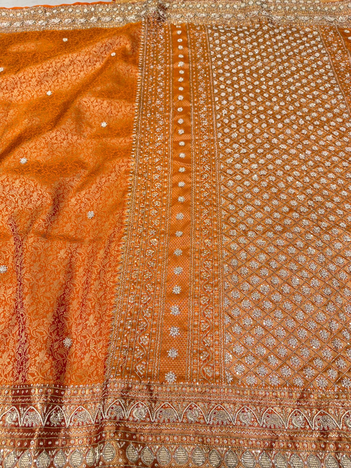 Rust Orange Kanjivaram Elephant Motifs Zardosi Hand Embroidery Saree