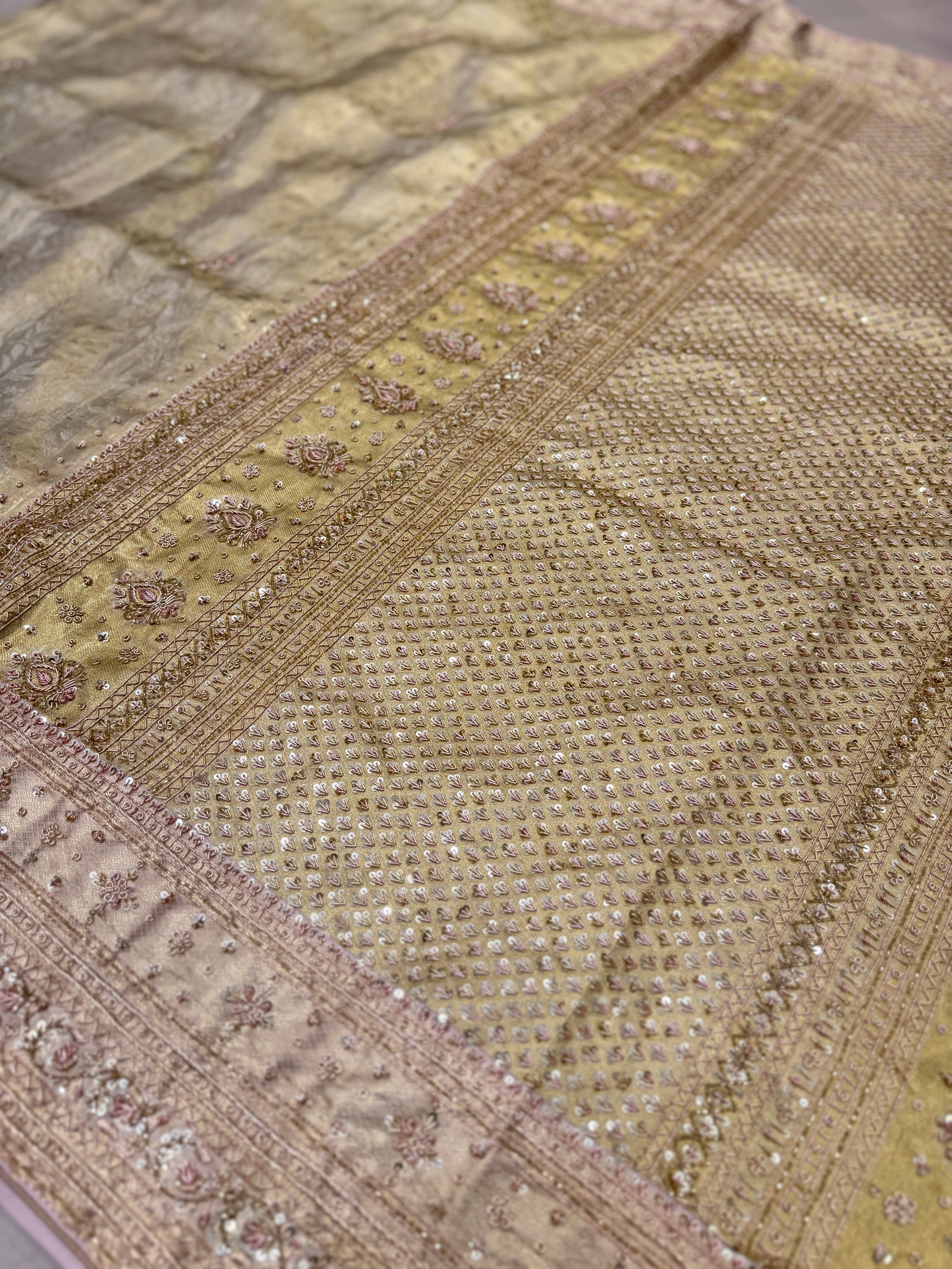 Beige Gold Tissue Kanjivaram Zardosi Hand Embroidery Saree