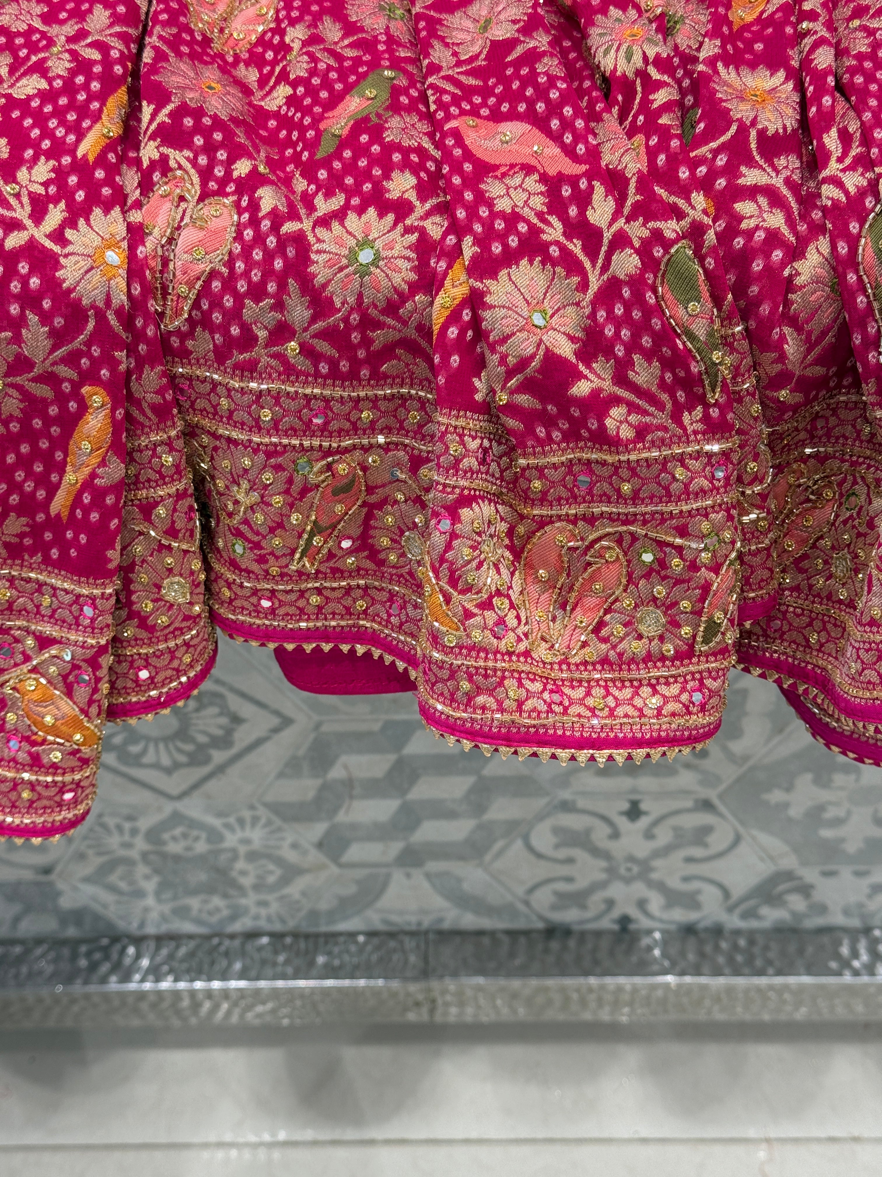 Rani Woven Bandhej  Meenakari  Parrot Motif Hand Embroidery Saree