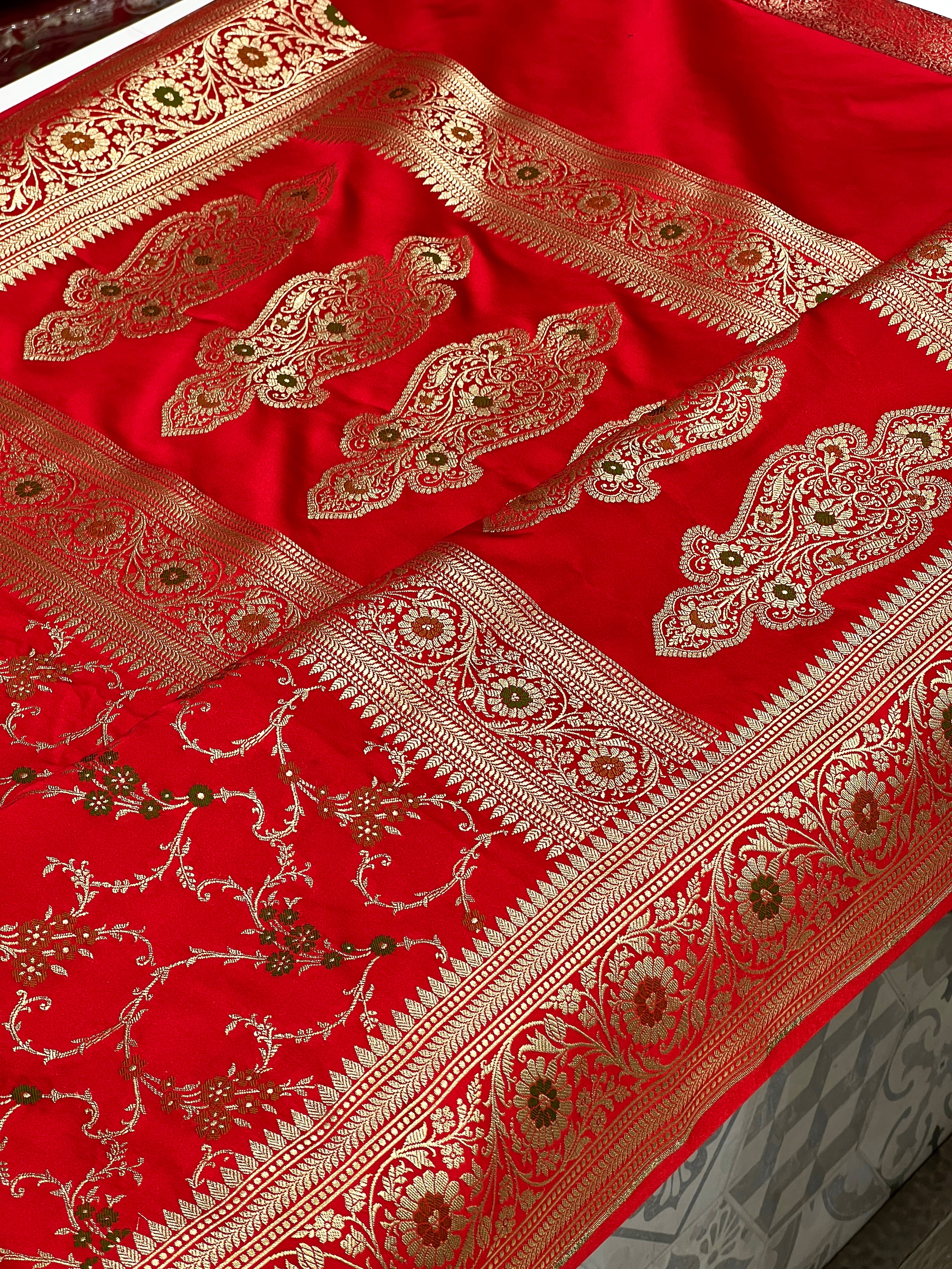 Red Banarasi Silk Jaal Meenakari Saree